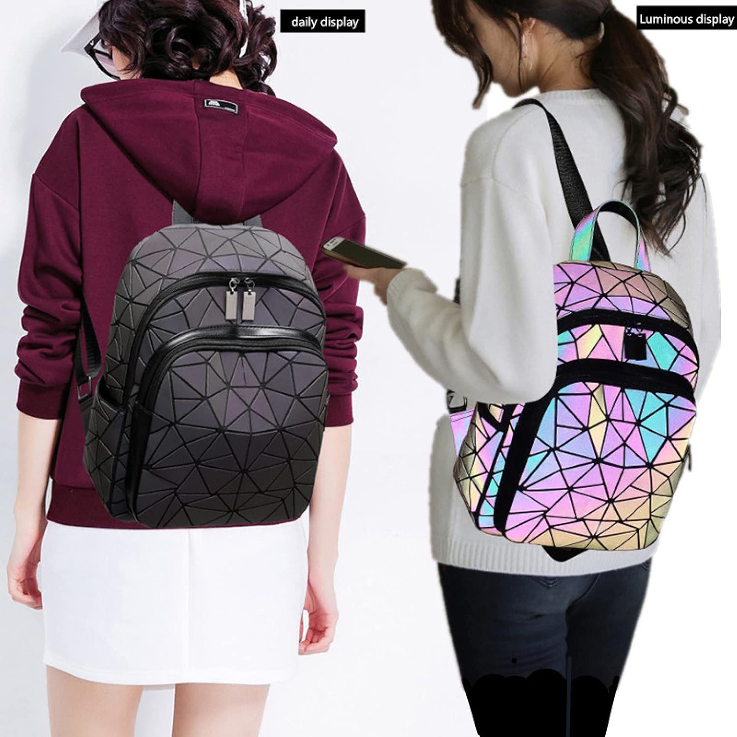 Women Luminous Backpack Fashion Geometric Diamond Travel Shoulder Bag Folding Female Student School Shine Backpack image number 5
