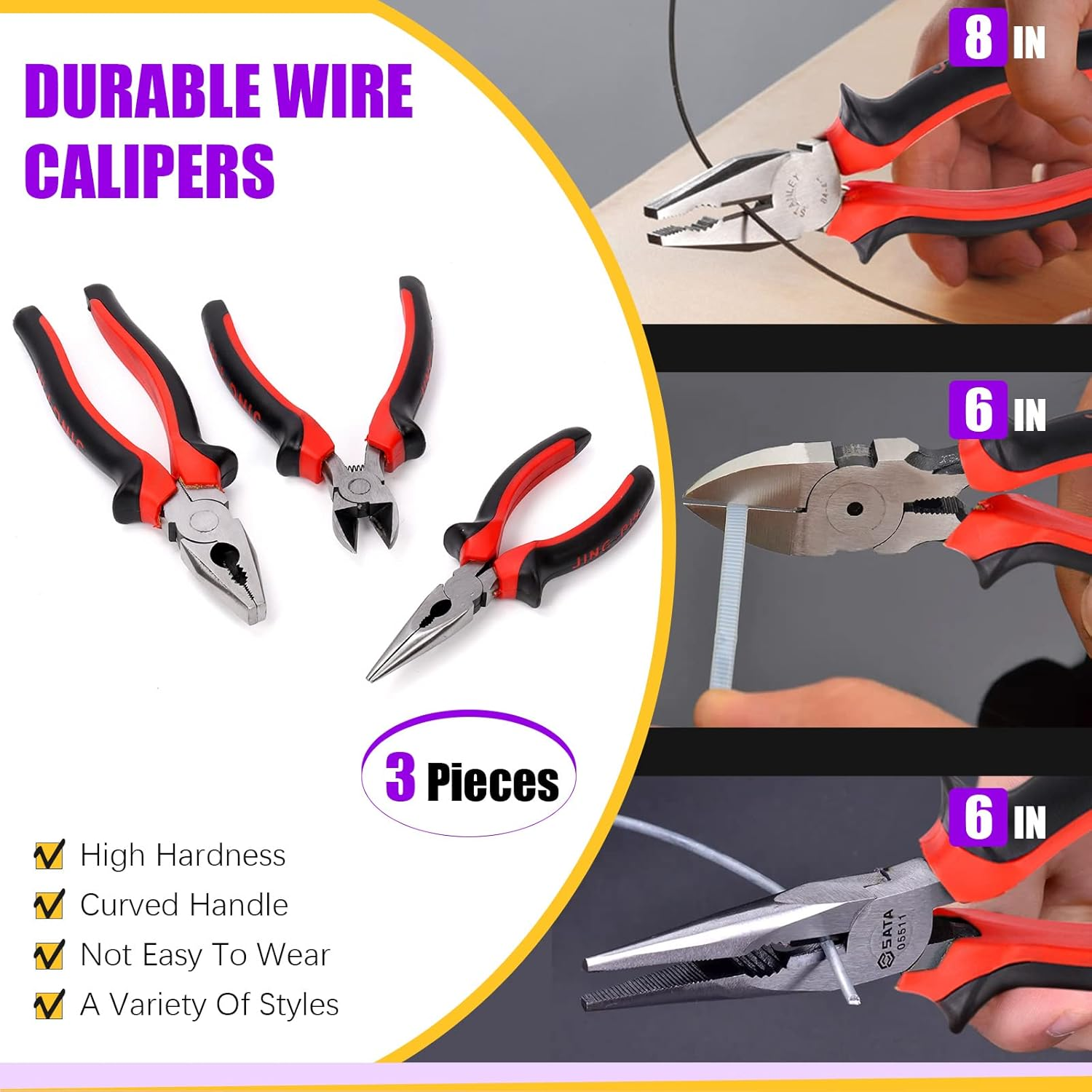 Swpeet 6Pcs Pliers Set with Storage Pouch Assortment Kit, Including Tongue and Groove Plier, Water Pump Pliers, Long Nose, Diagonal Cutting, Locking Pliers, Adjustable Wrench and Linesman Pliers image number 3