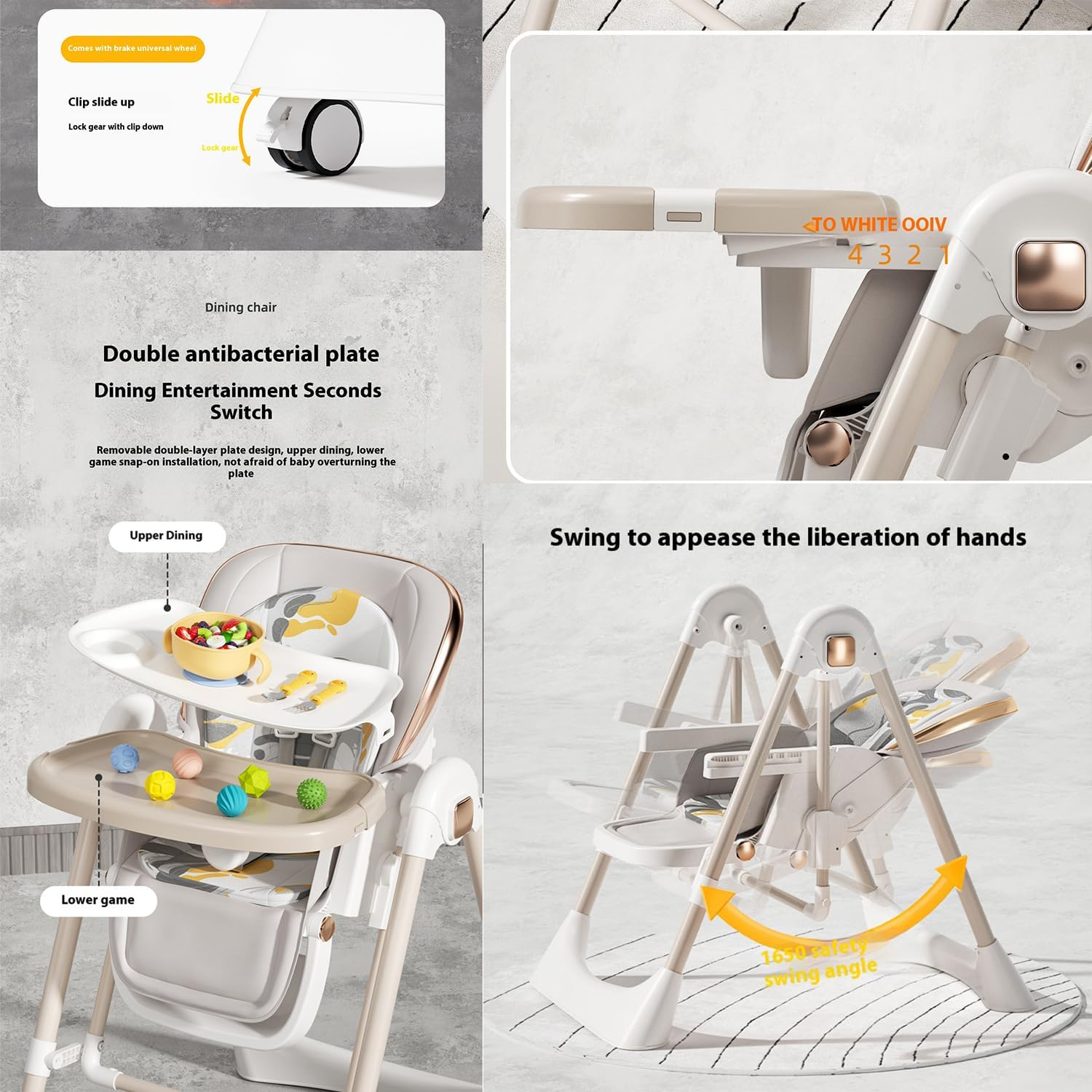 Baby High Chair & Toddler Chairs, Adjustable Baby Highchair with Recline, Wheels & Removable Tray, Convertible Feeding Chair & Baby Dining Chair for 6M~6Y(White) image number 2