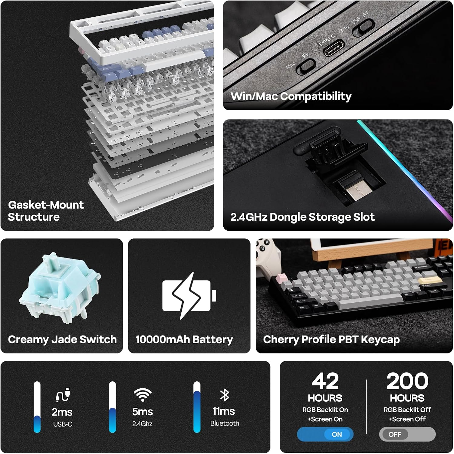 EPOMAKER TH108 PRO Full Size Mechanical Keyboard with Screen & Knob, Wireless Gaming Keyboard with 10000Mah, Creamy Gasket, Hot Swap, Custom Driver, RGB Backlight (Black, Creamy Jade) image number 2