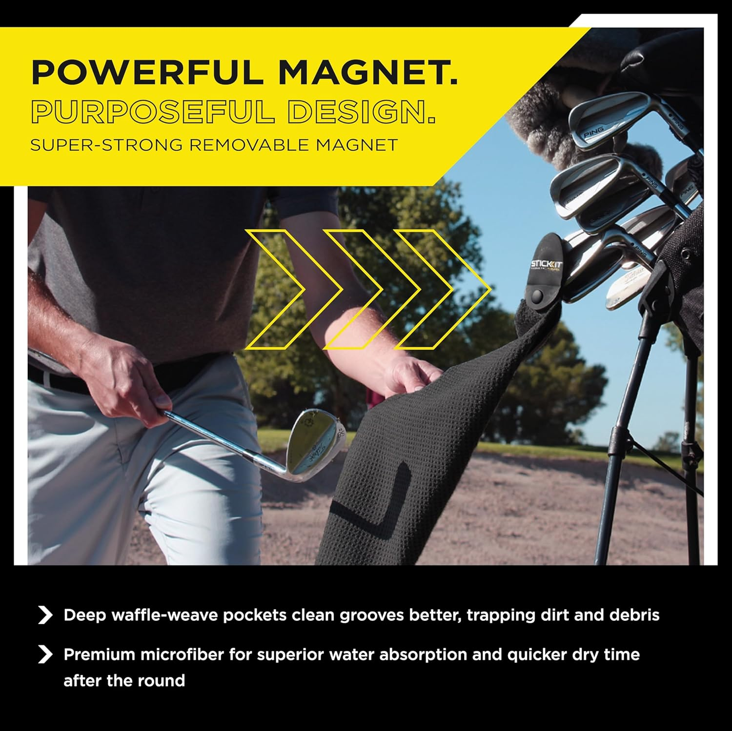 STICKIT Magnetic Golf Towel, Black | Top-Tier Microfiber Golf Towel with Deep Waffle Pockets | Industrial Strength Magnet for Strong Hold to Golf Carts or Clubs image number 5