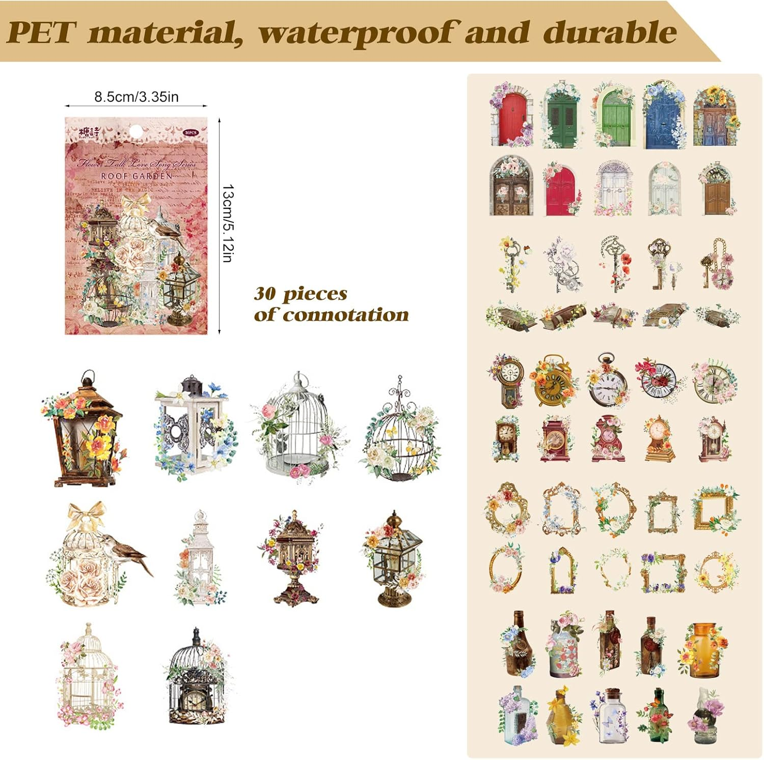 180 PCS Vintage Scrapbook Stickers Scrapbooking Aesthetic Sticker Set Clock Key Door Bottle Series Retro DIY Sticker for Bullet Journal Art Scrapbooking Diary Card Craft Album Notebook Stationery image number 5