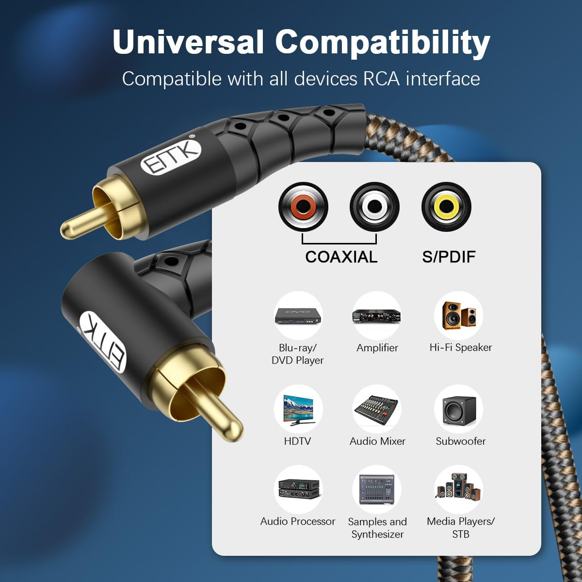 EMK 90 Degree RCA Subwoofer Cable 24K Gold-Plated Connector Nylon Braided Double Shielded &ndash; Support Digital & Analog Signals for Amplifier, Home Theater, Hi-Fi System,Subwoofer Black/15Ft/5M image number 2