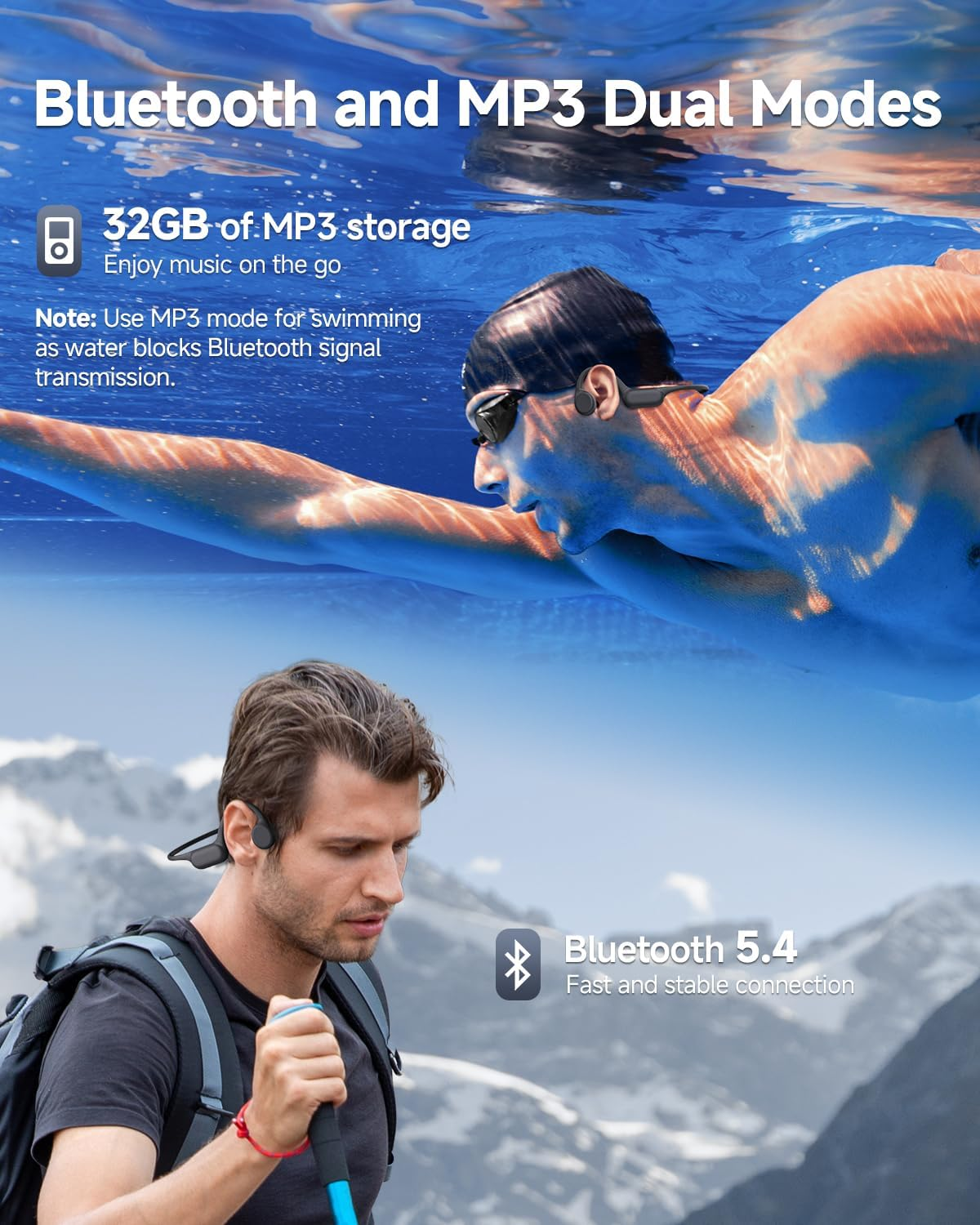 PSIER Bone Conduction Headphones IPX8 Waterproof Swimming Headphones Open Ear Headphones with MP3 Mode 32GB Memory up to 8 Hours Playtime Bluetooth 5.4 Ear Buds Secure Fit for Running and Fitness image number 4
