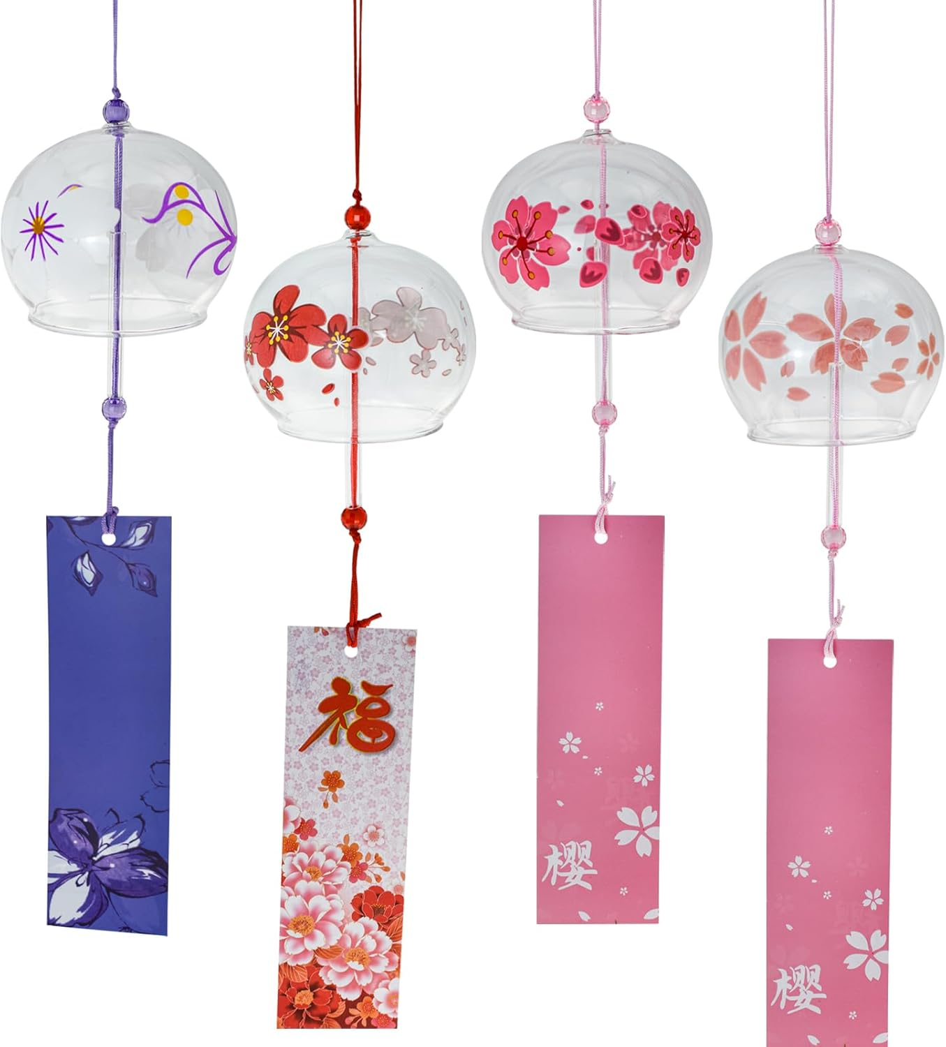 Mrmrkura 4 Pcs Japanese Wind Chimes, Glass Goldfish Wind Chimes with Label for outside Decorative Wind Bells Pendants for Indoor Garden Backyard Home Decor (Sakura)