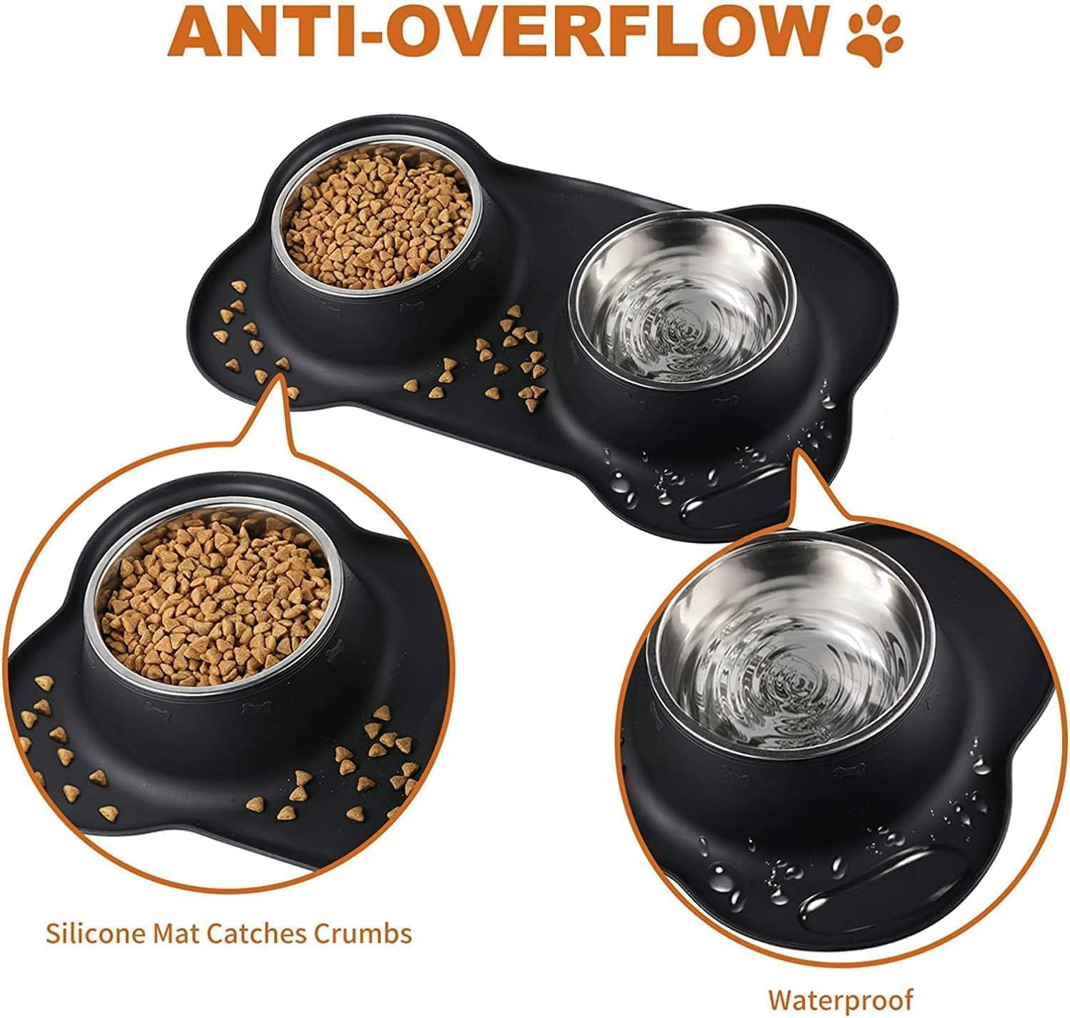 Mumoo Bear Dog Cat Bowls for Food and Water, Upgrade Cat Food Bowls for Indoor Cats, Premium Removable Stainless Steel Double Bowls with Silicone Anti-Slip Pads, Water Bowl for Cats and Dog -Black