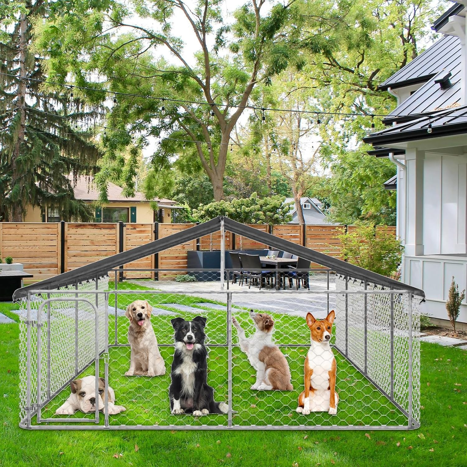 Outdoor Dog Kennel - Durable Galvanised Steel Construction with Safety Lock and UV Protected Canopy - Large Space for Exercise and Play (600 X 300 X 150 Cm) image number 5