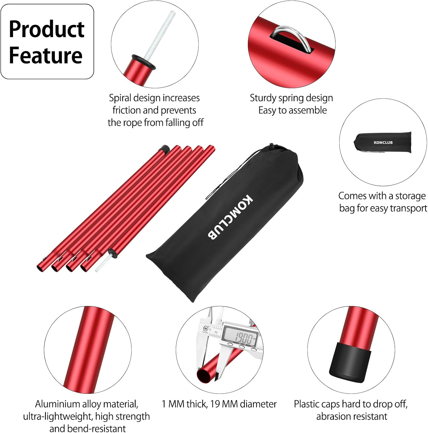 KOMCLUB Tent Tarp Poles 76" Adjustable Camping Tent Poles 19Mm Set of 2 Lightweight Aluminum Shade Pole for Awnings Canopy Rain Fly Shelter (Red) image number 1