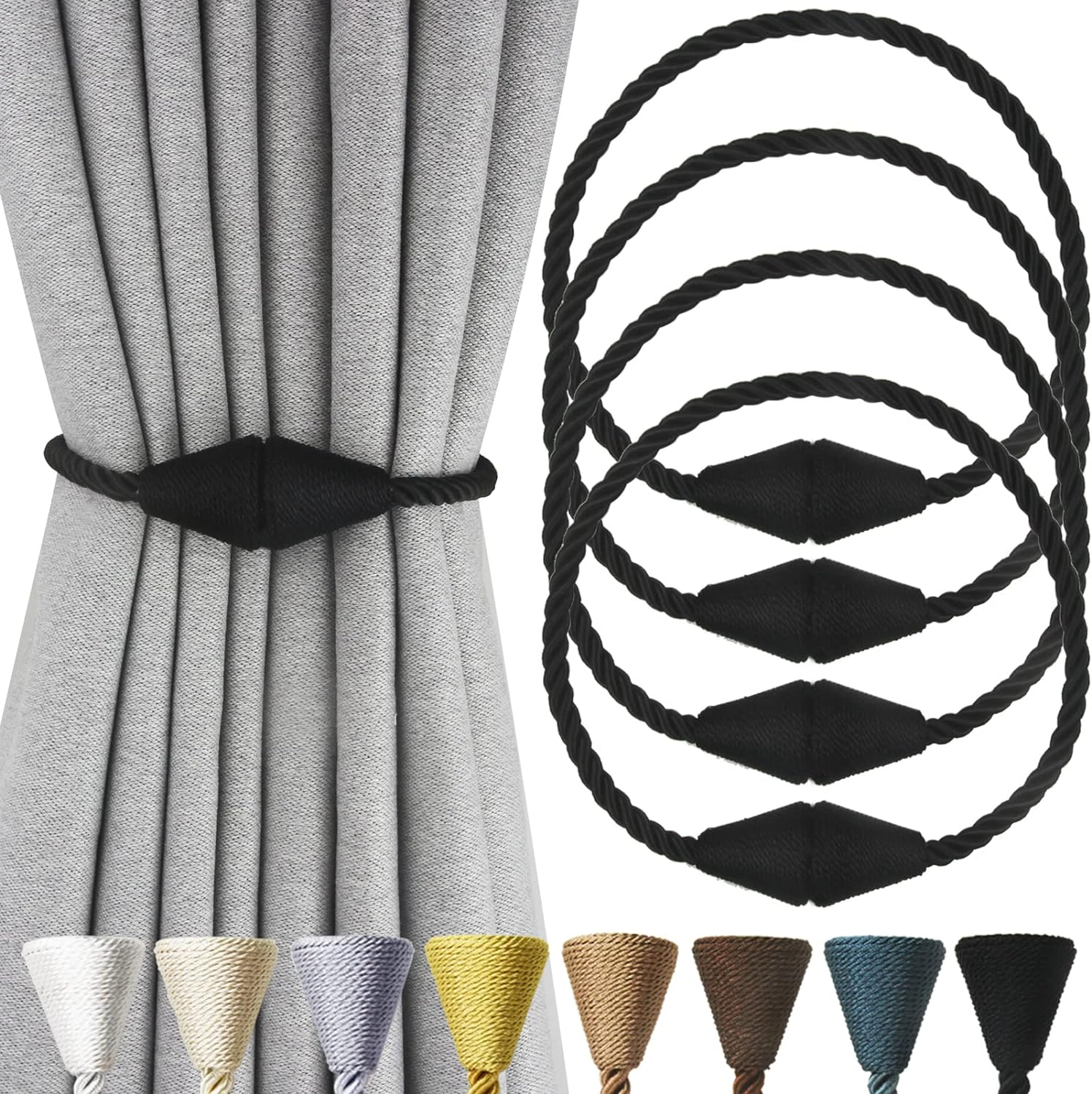 Nieffeiy 2 Pack Magnetic Curtain Tiebacks Rope Modern Handmade Curtain Tie Backs Decorative Drapes Weave Holdbacks for Window D&eacute;cor, Beige