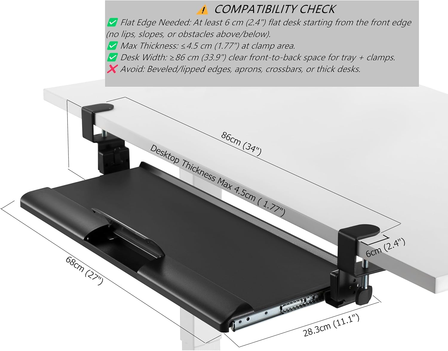 Officeozone Keyboard Tray, Clamp-On, 68Cm (26.8"), Tool-Free Tilt, ABS & Steel, Black image number 1