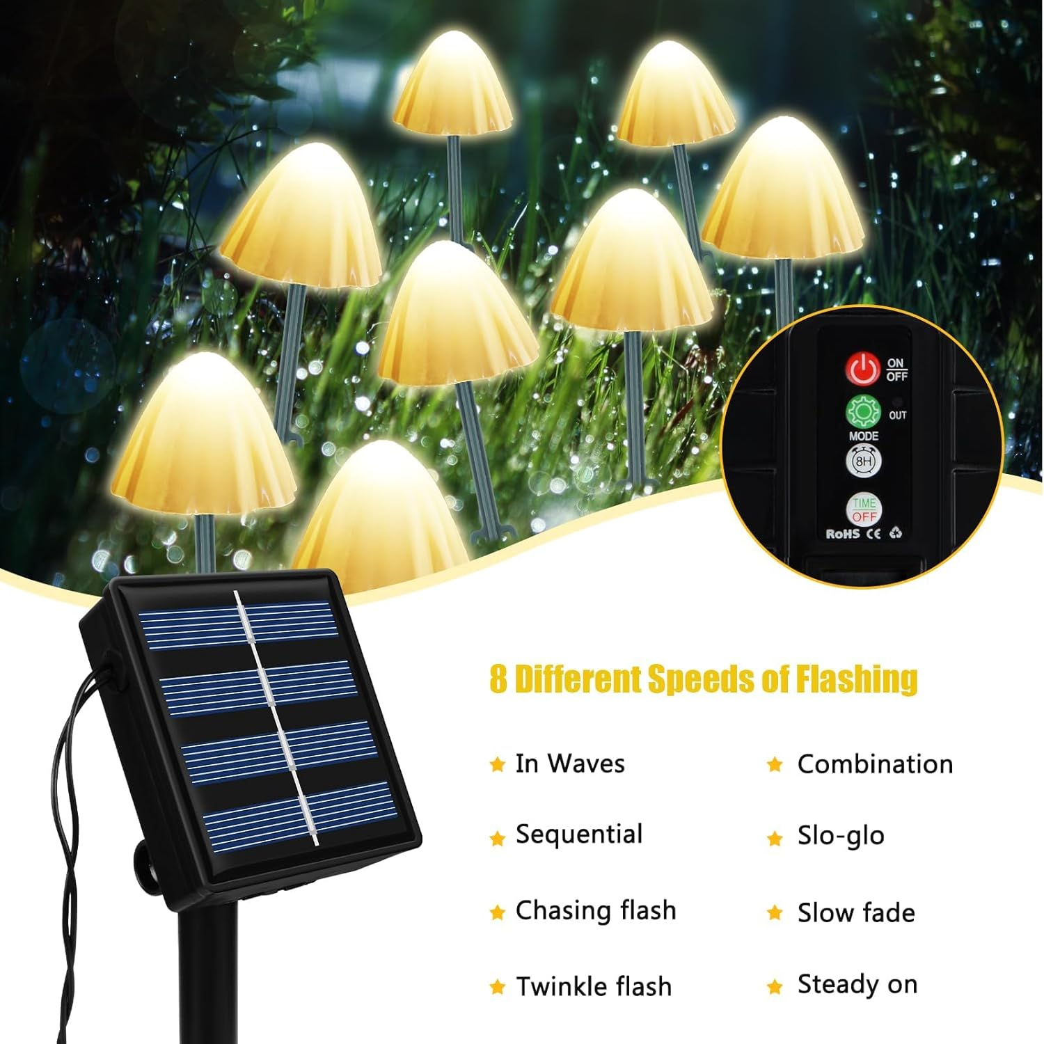 Ninonly Solar Mushroom Lights - 5M 20 LED Garden Lights Outdoor, 8 Modes Waterproof Fairy Ornaments, Pathway Decoration for Path, Lawn, Yard, Landscape Decor image number 6