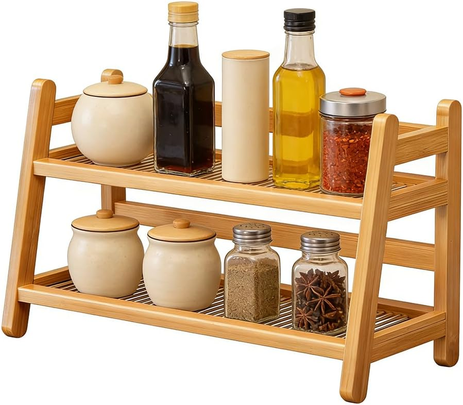 AXVRAV Cup Rack 2-Tier Bamboo Kitchen Organiser Rattan Look Coffee Cup Holder & Tea Matcha Station for Kitchen Worktop & Home Practical Cup Stand for Storage and Decoration