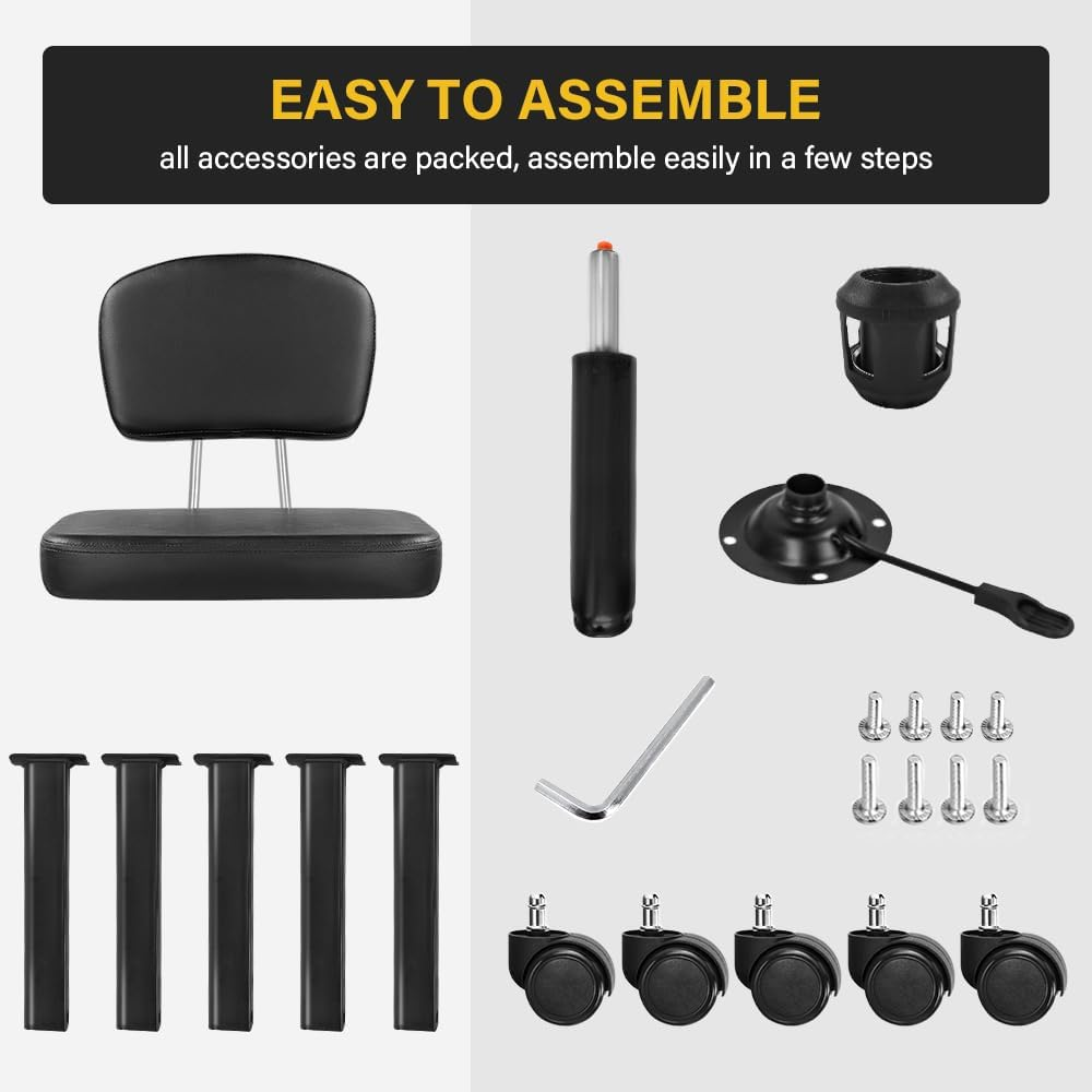 Rolling Stool Chair with Backrest Height Adjustable 360&deg; Swivel Stool with Wheels Square Seat PU Leather Rolling Stool for Bedroom Counter Shop Salon Massage Home Office Drafting Work (Black) image number 2