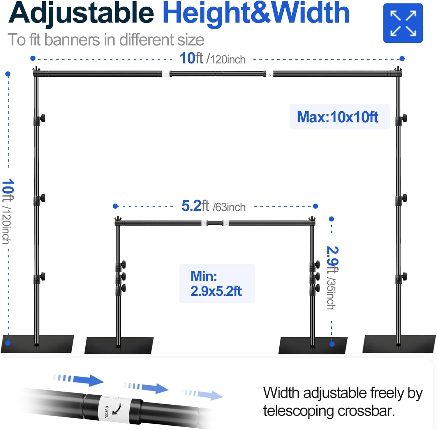 EMART Heavy Duty Background Stand, 10X10Ft/3X3M Adjustable Backdrop Support System Kit with Steel Base for Photography, Photo Video Studio, Birthday Parties Wedding Decoration -Black image number 6