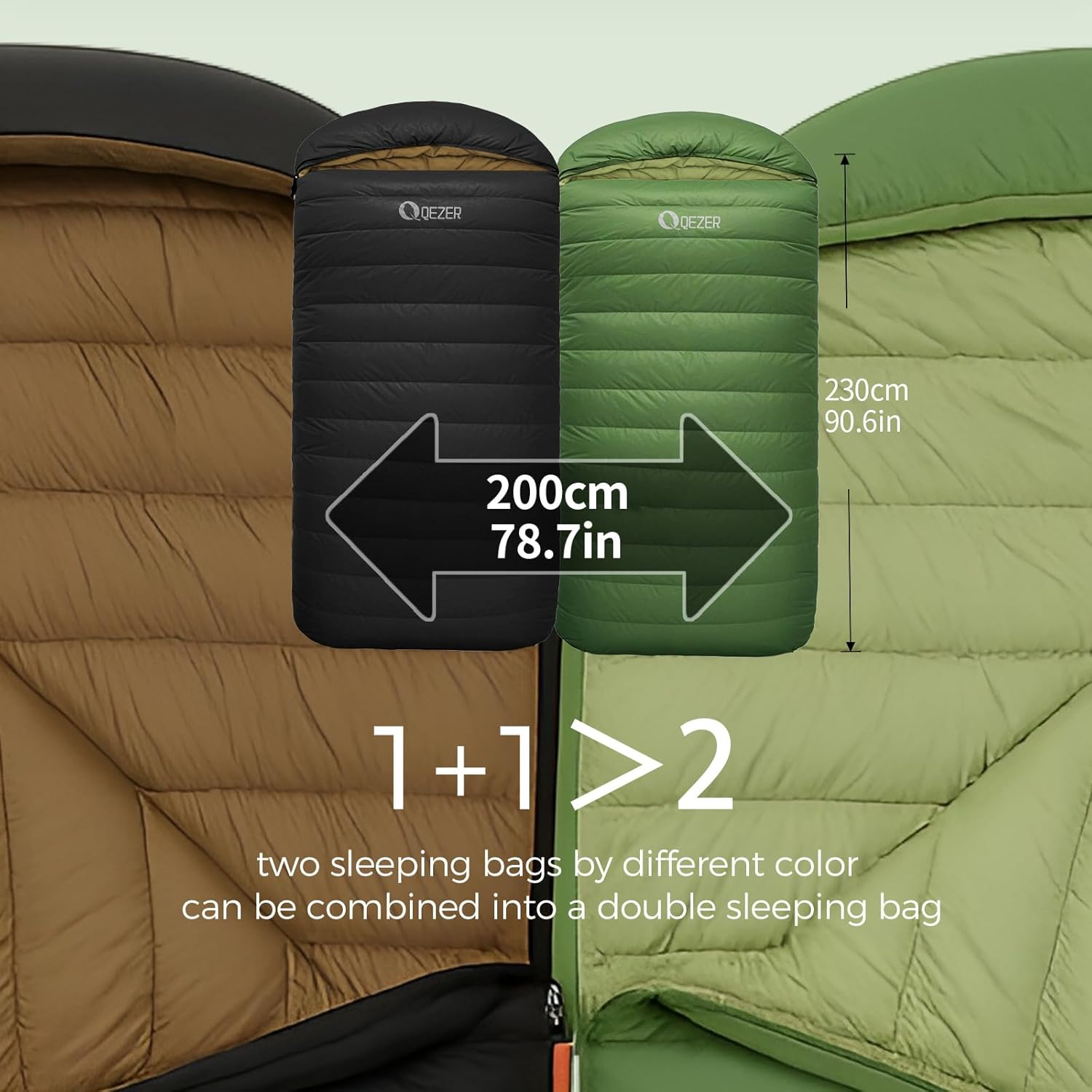 QEZER XXL Winter down Sleeping Bag 0 Degree - 230X100Cm Extra-Wide Alpine Design, 800G Fill with Vertical Baffles to Prevent down Shifting - Green image number 5