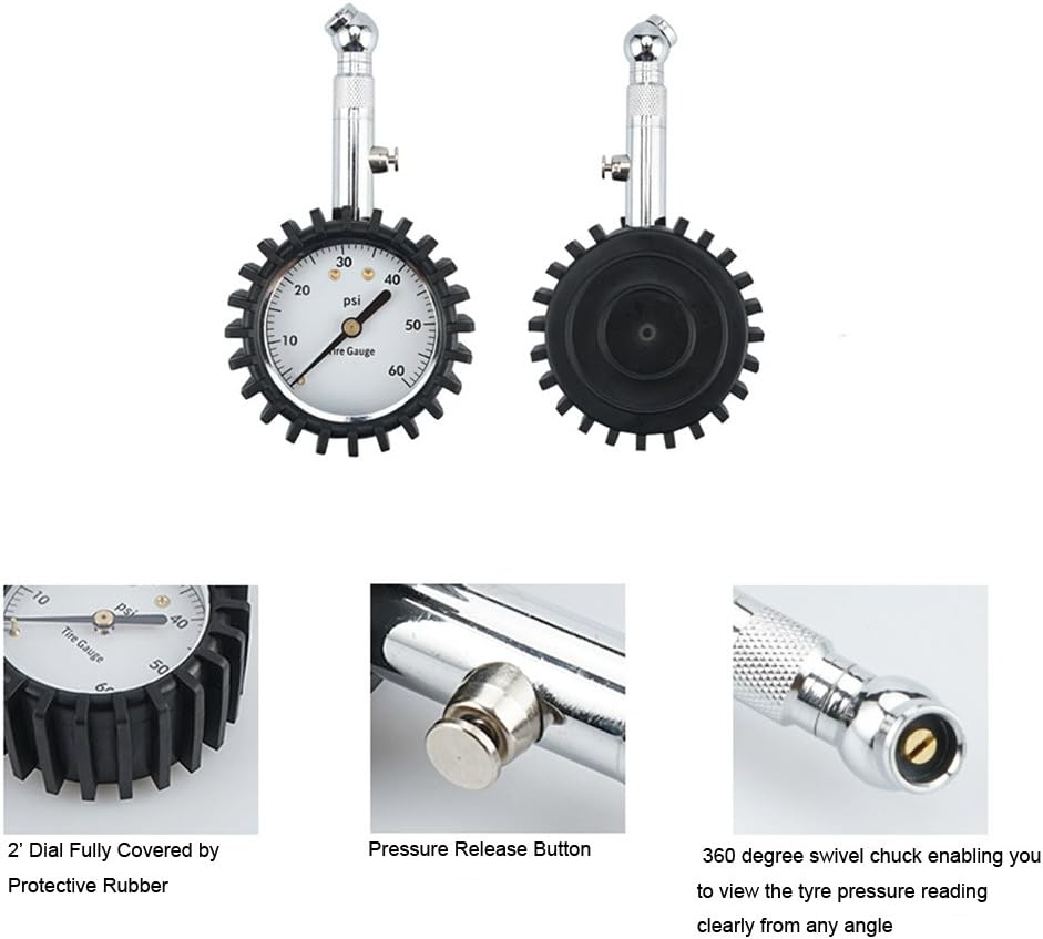 NUZAMAS 2" Dial Premium Tyre Pressure Gauge, Heavy Duty Car & Motorbike with Flexible Hose Chucks - 60 PSI, Compact Size, Light Weight with Discharge Valve