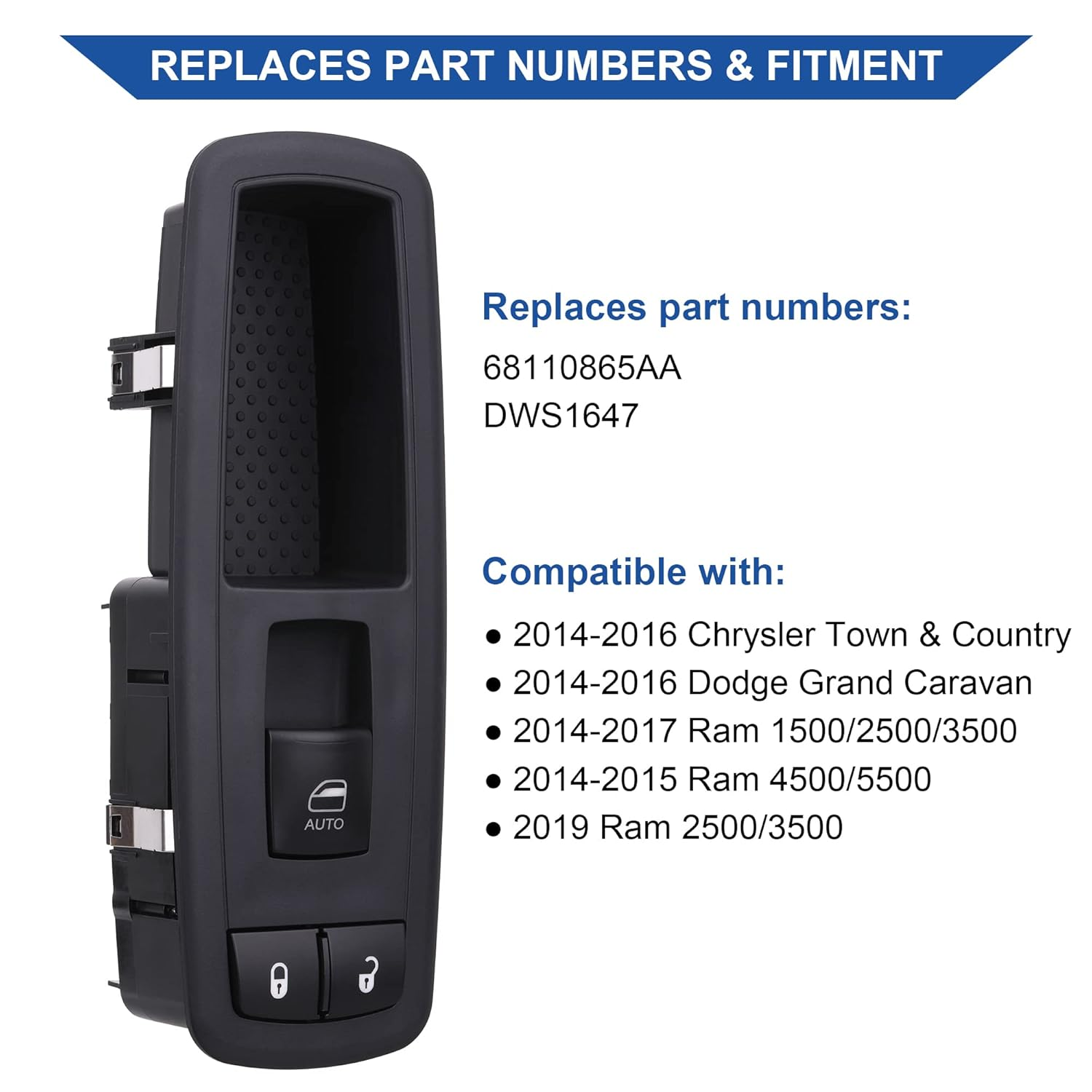 Obaee Passenger Power Window Switch 68110865AA Compatible with Chrysler Town & Country/Dodge Grand Caravan 2014-2016, 2014-2017 Ram 1500/2500/3500, 2014-2015 Ram 4500/5500, 2019 Ram 2500/3500, DWS1647 image number 5