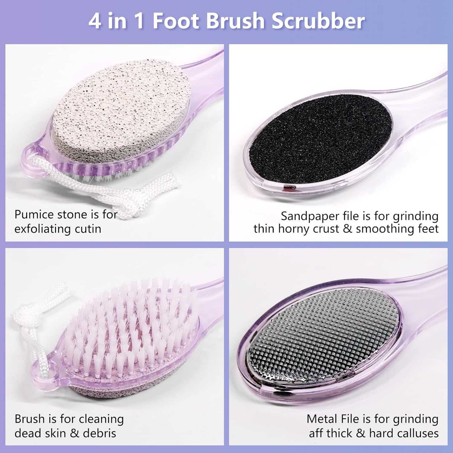Fangze Pumice Stone Brush for Feet - 2 Pack Foot Brush Scrubber 4 in 1 Foot File Pedicure Paddle Kit for Foot Care (Lilac and Blue) image number 4