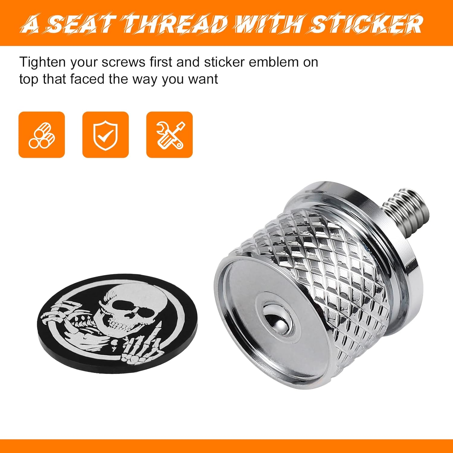 Chrome Stainless Knurled Fender Rear Seat Bolts Screw and Nut Kit 1/4"-20 Thread Quick Mount Skull Pattern Compatible with Harley Touring Softail Dyna Sportster CVO Fatbob 1996-2024 - Black-Skull Pattern/Screw+Nut image number 4