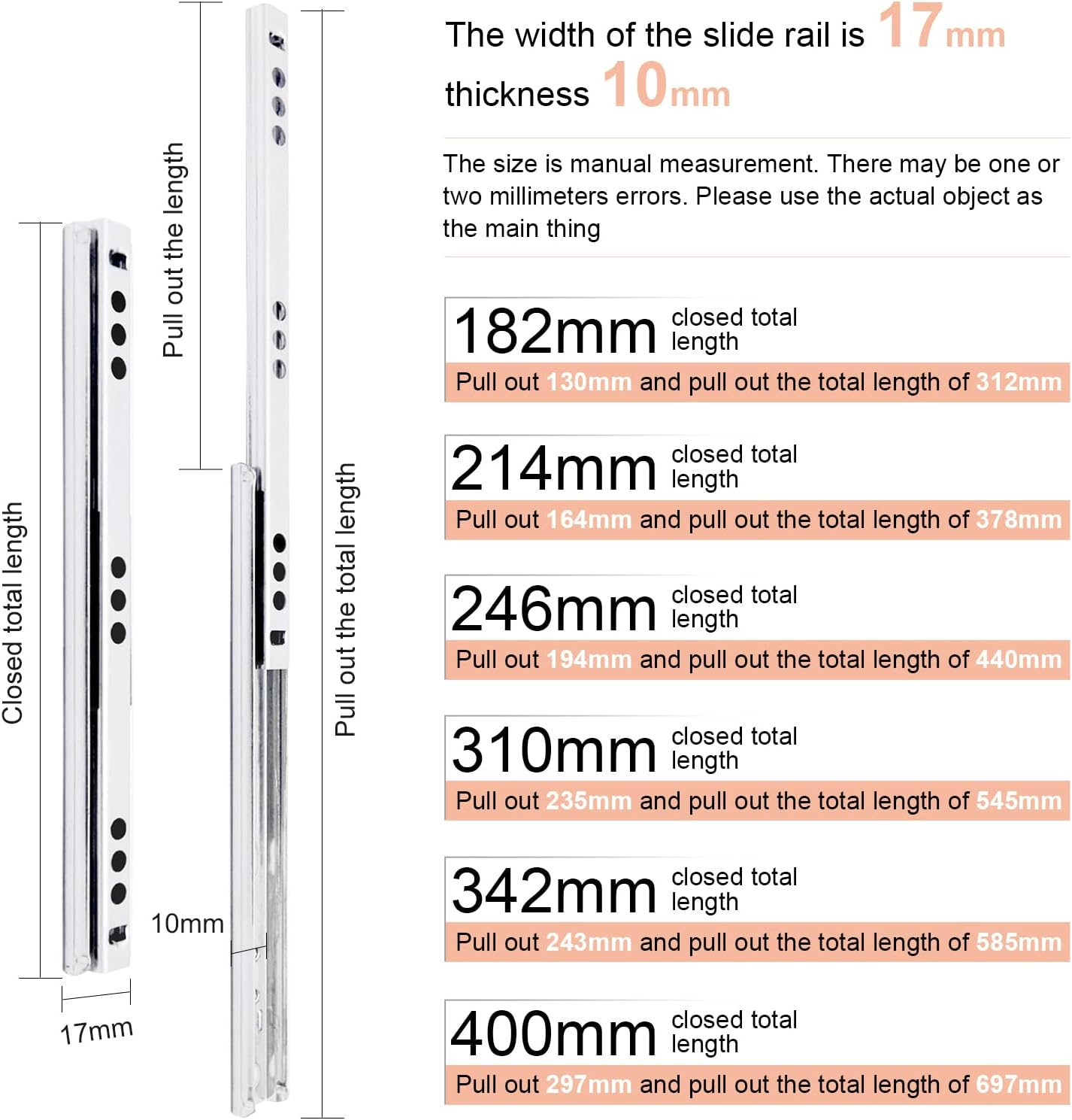 Drawer Runners, 17 Mm X 246 Mm Extension Runners with Partial Extension for Drawers, Ball Extension, Drawer Runner, Rail System, Furniture Fittings (1 Pair) image number 1