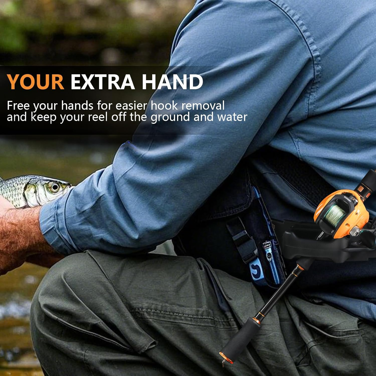 Fly Fishing 3Rd Hand, Belt Clip Rod Holder, Adjustable, Portable & Hands-Free - Holds Fly Rod, Spinning Rod - 57 in Wading Belt & Side Release image number 3