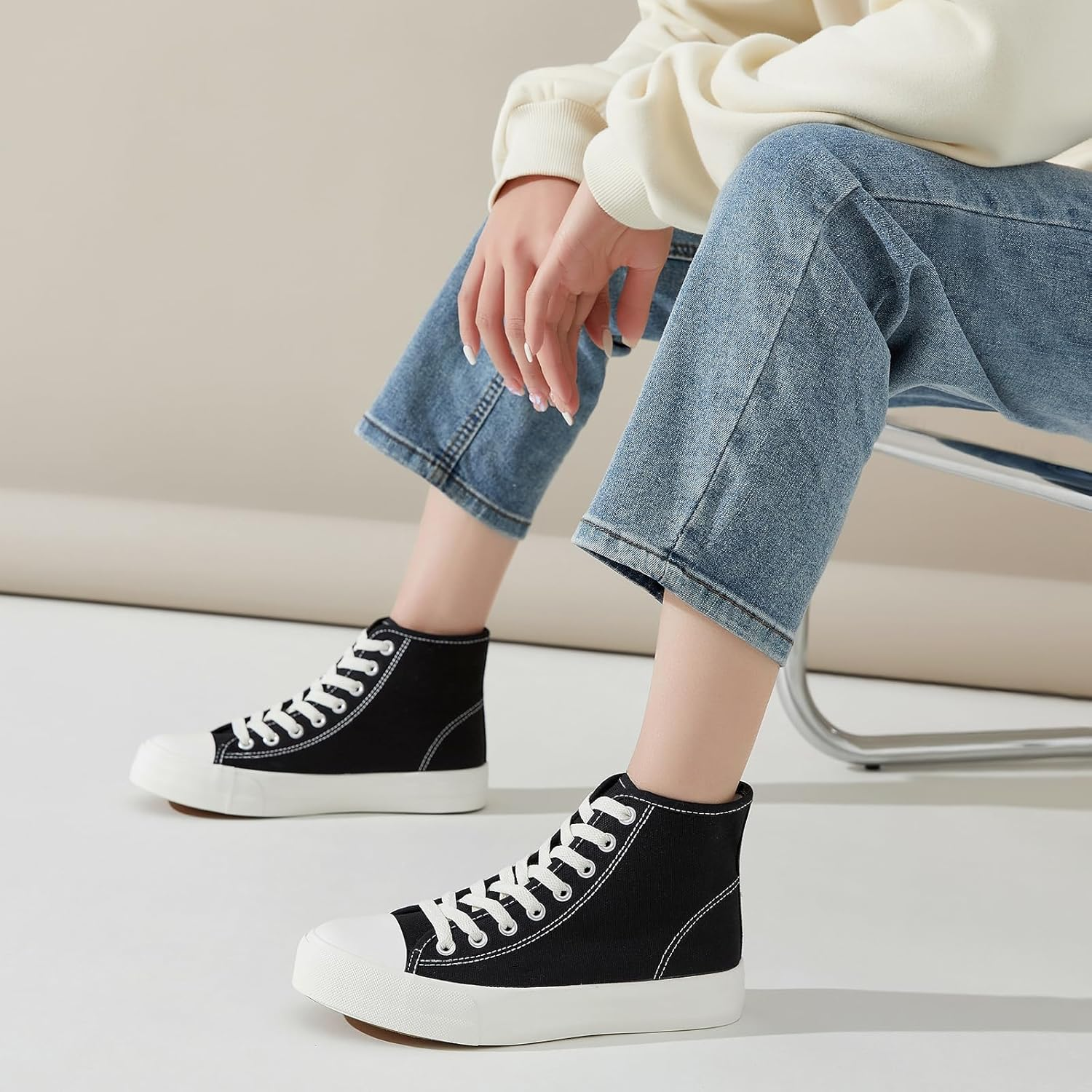 Uoidru High Top Sneakers for Women Canvas Shoes White Canvas High Tops Women Casual Shoes Lace up Fashion Sneakers image number 6