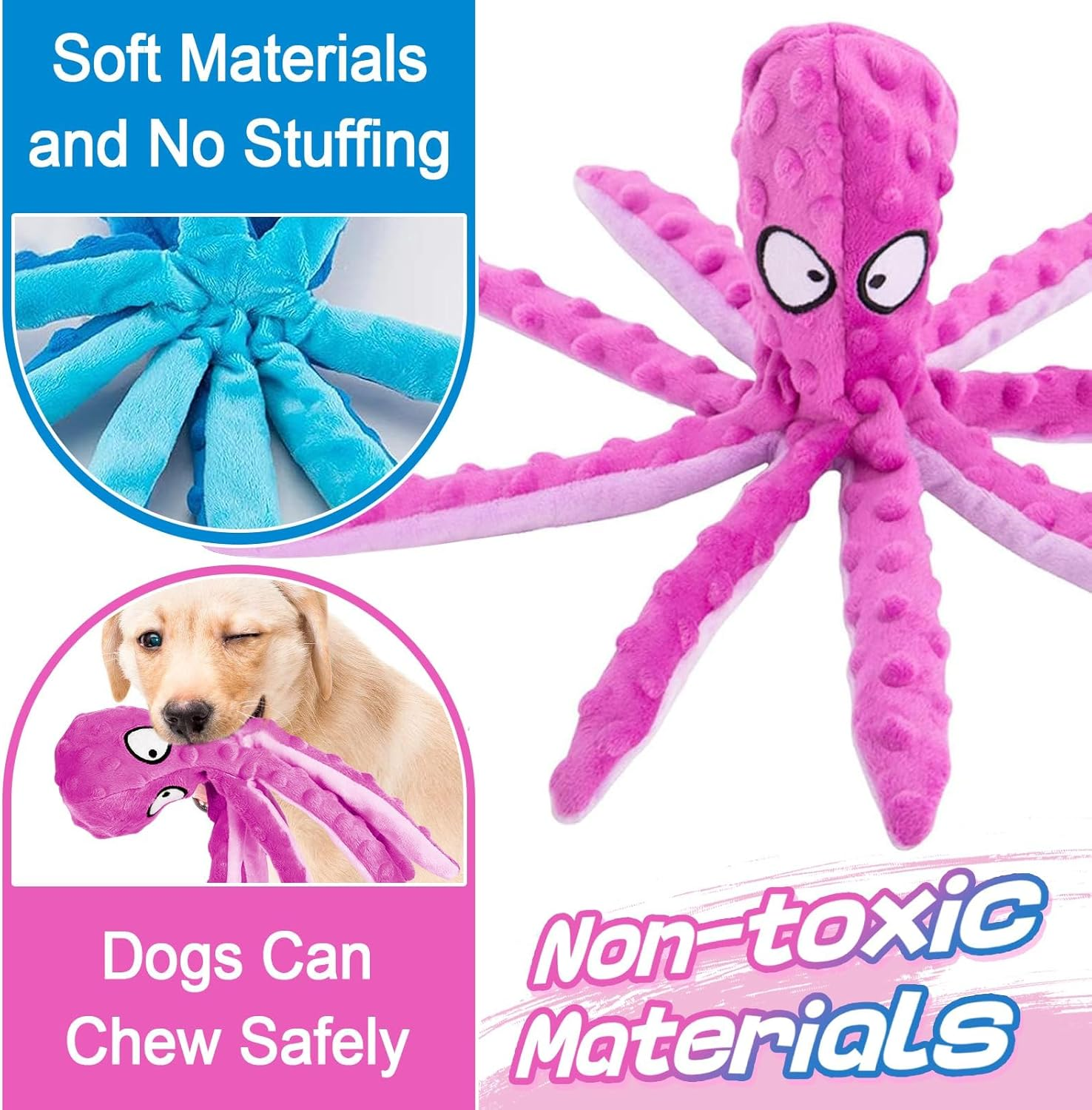 ZERIFAM Squeaky Dog Toys - 3 Piece Set of Octopus Fold Plush Pet Toys without Plush Filling, Durable Interactive Pet Chew Toys for Puppies, and Training for Small and Medium-Sized Dogs image number 4