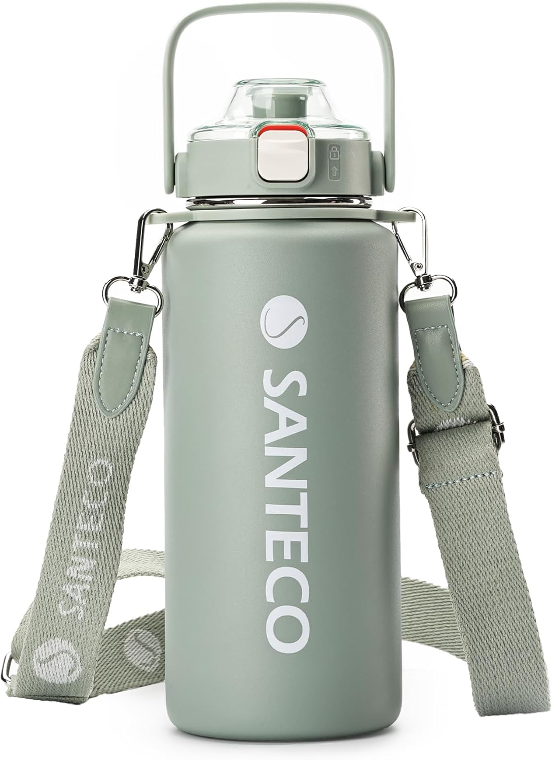 SANTECO 1.2L Vacuum Insulated Sports Water Bottle &ndash; Detachable Shoulder Strap, Leakproof, Keeps Hot 12H/Cold 24H, Wide Mouth with Straw (Silver, Stylish Design for Sports Drinks)