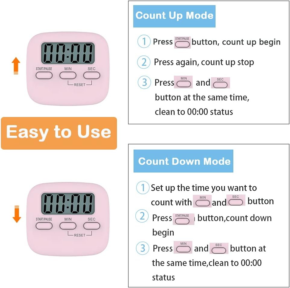 Digital Kitchen Timer/Pink Timer for Kids with Bracket and Hanging Hole,Hd Sound Quality Magnetic Stopwatch Timer for Cooking,Study,Exercise and Baking(Rectangle)