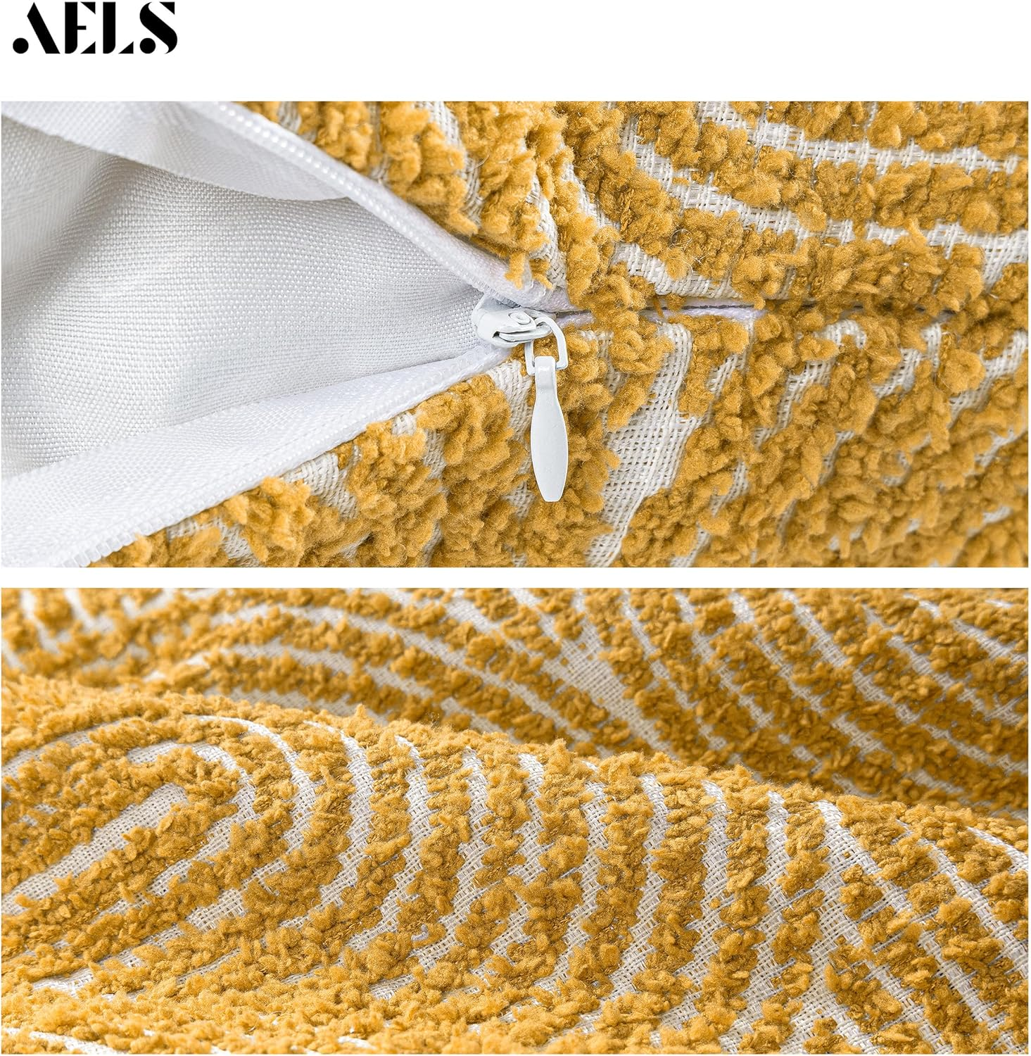 AELS Boho Decorative Textured Throw Pillow Covers 12X20, Organic Modern Mid Century Rainbow Tufted Pillow Case, Farmhouse Rustic Geometric Woven Cushion Case for Bed Couch Sofa, Mustard Yellow image number 2