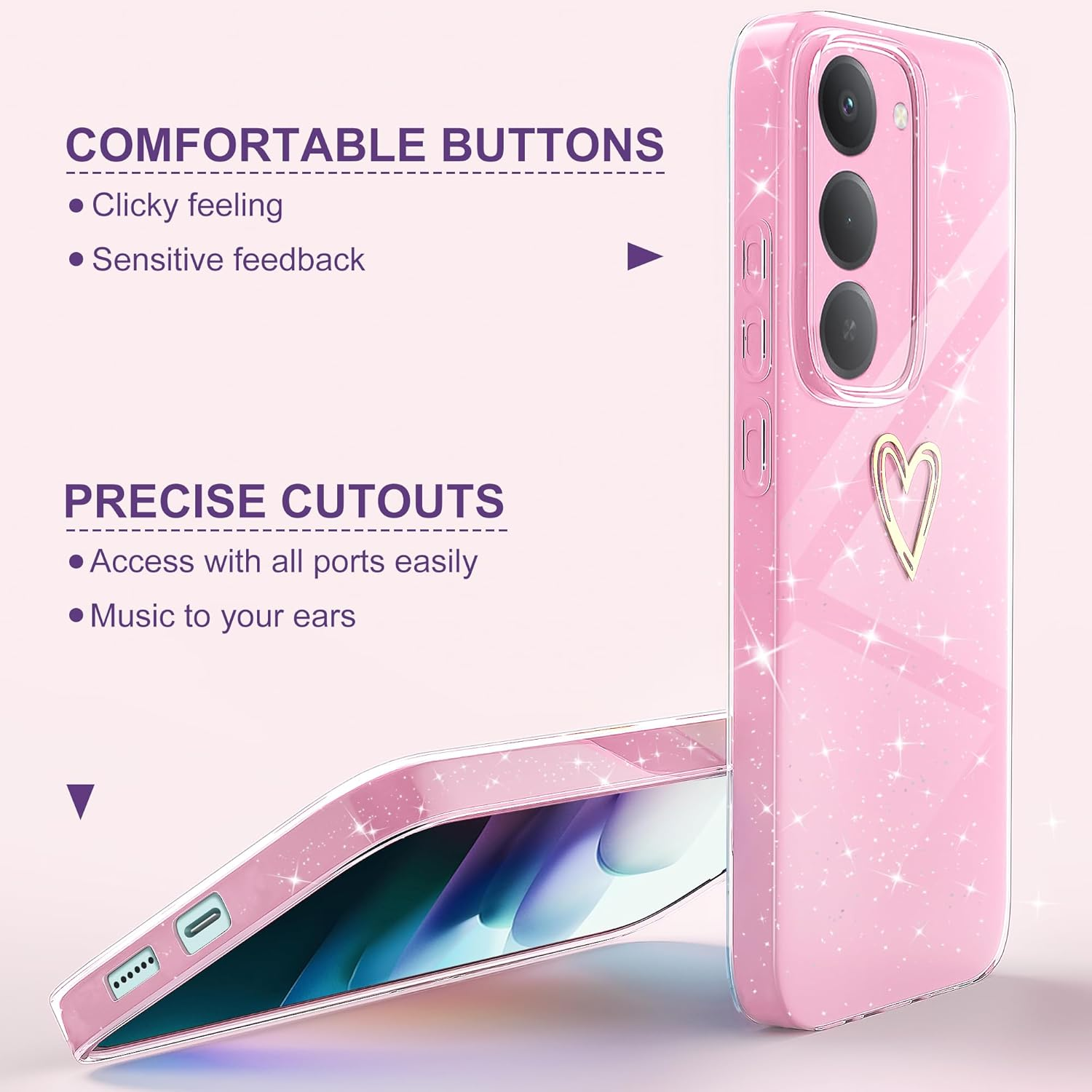 Yichxu Mobile Phone Case for Xiaomi Redmi 15 4G/5G Case Glitter Heart Love Silicone TPU Shockproof Protective Bumper Case Cover Shiny Ultra Thin Scratch-Resistant Protective Case for Redmi 15, Pink image number 3