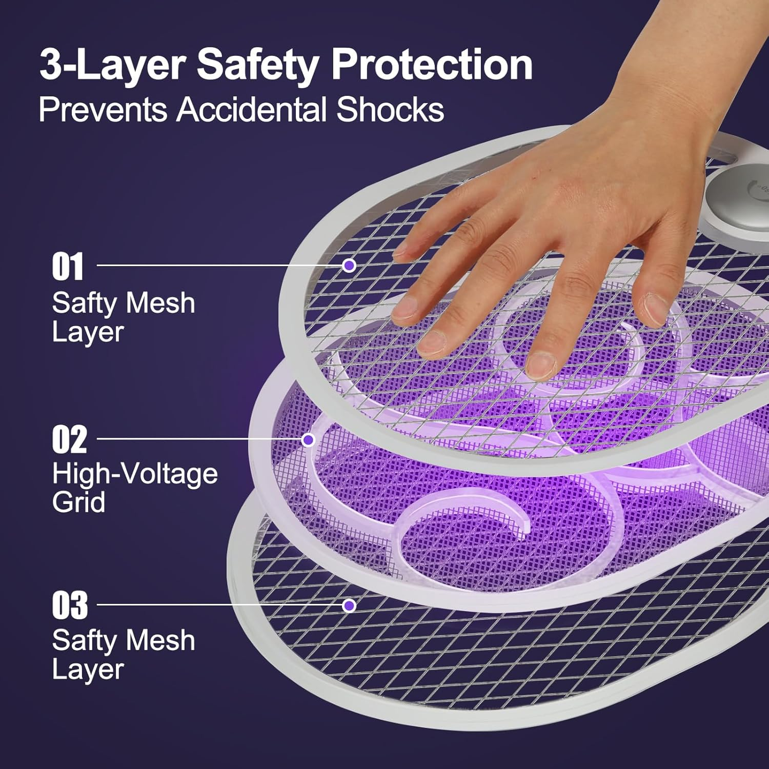 Foldable Electric Fly Swatter Racket, USB Rechargeable with 1200Mah Battery, Large 2 in 1 Bug Zapper Racket, Fly Killer and Mosquito Trap Lamp, for Indoor and Outdoor Home Backyard Patio Camping image number 6