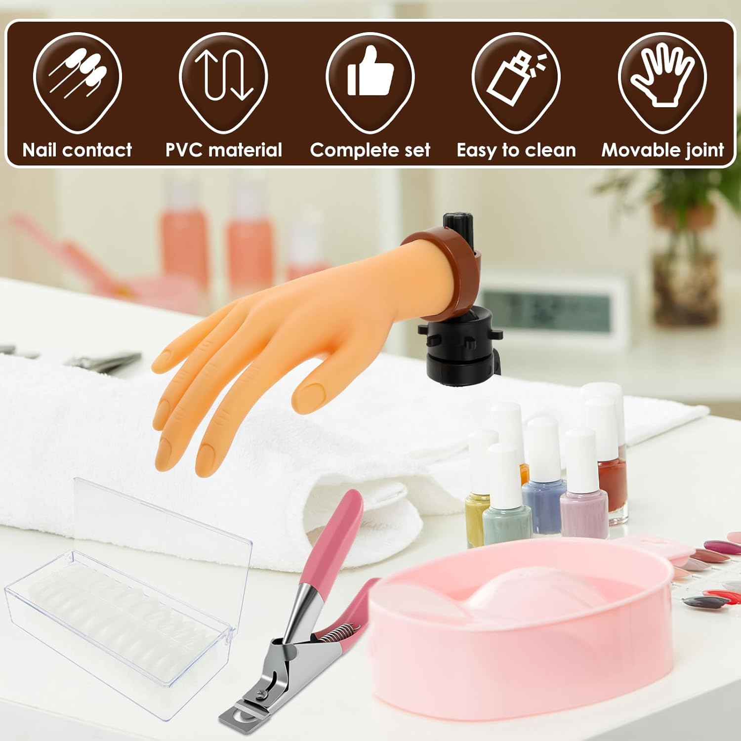 Nail Practice Hand with Clamp Holder Bendable Nail Training Hand Portable Manicure Practice Kit Practical Manicure Training Kit Fit for Manicurist Home(1Set) image number 4