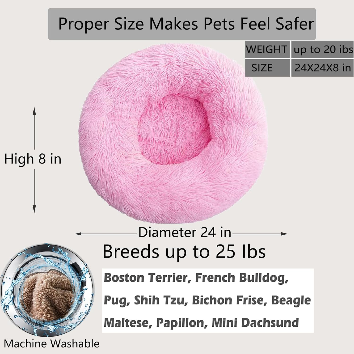Calming Dog Bed for Small Medium Dogs,24 Inches Anti-Anxiety Donut Dog Cat Cuddler Bed Machine Washable Fluffy Luxury Anti-Slip Waterproof Mute Base Warming Cozy Soft Pet round Bed-Pink - Pink image number 6
