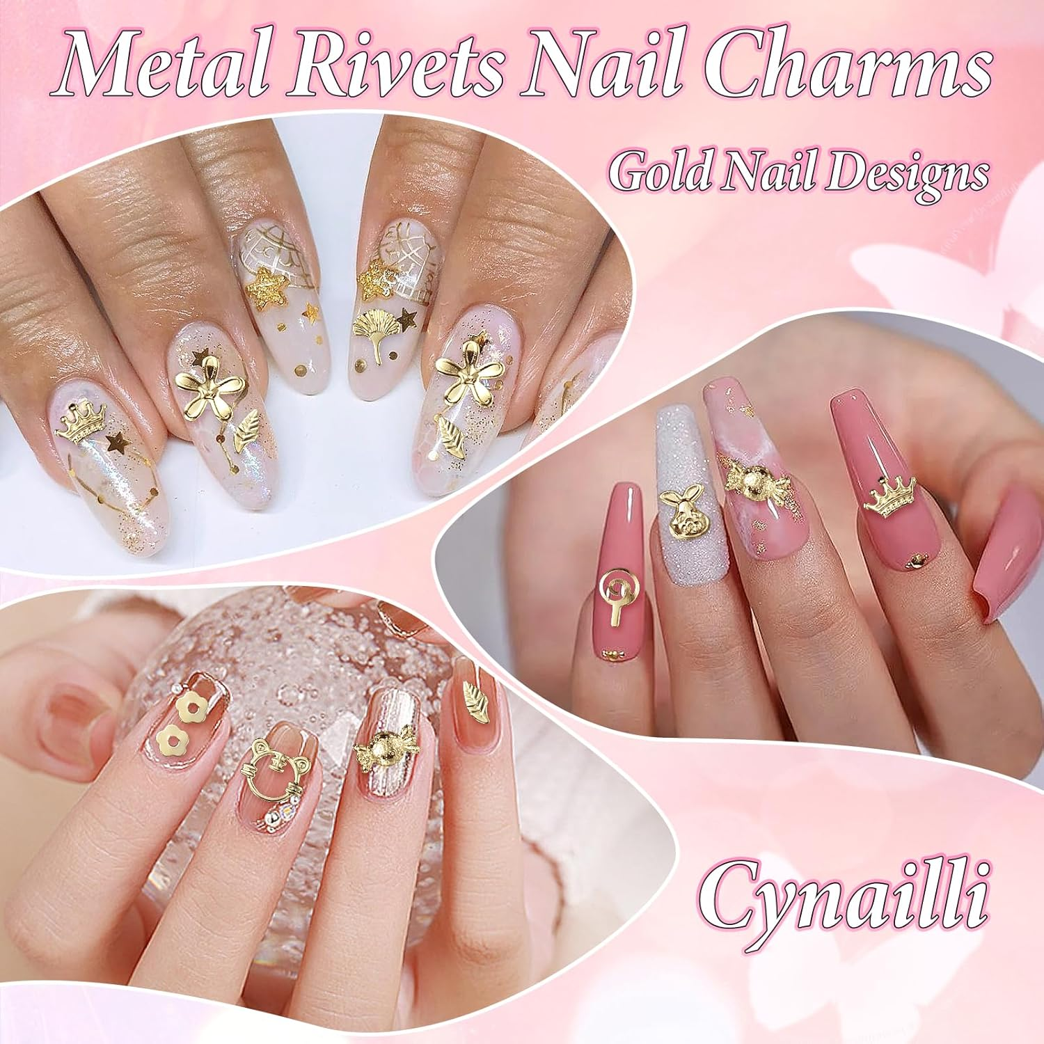 Cynailli 2 Boxes 3D Gold Nail Charms, Assorted Heart Star Flower Rabbit Animal Candy Cross Star Shapes, Luxury Metal Nail Art Accessory image number 4