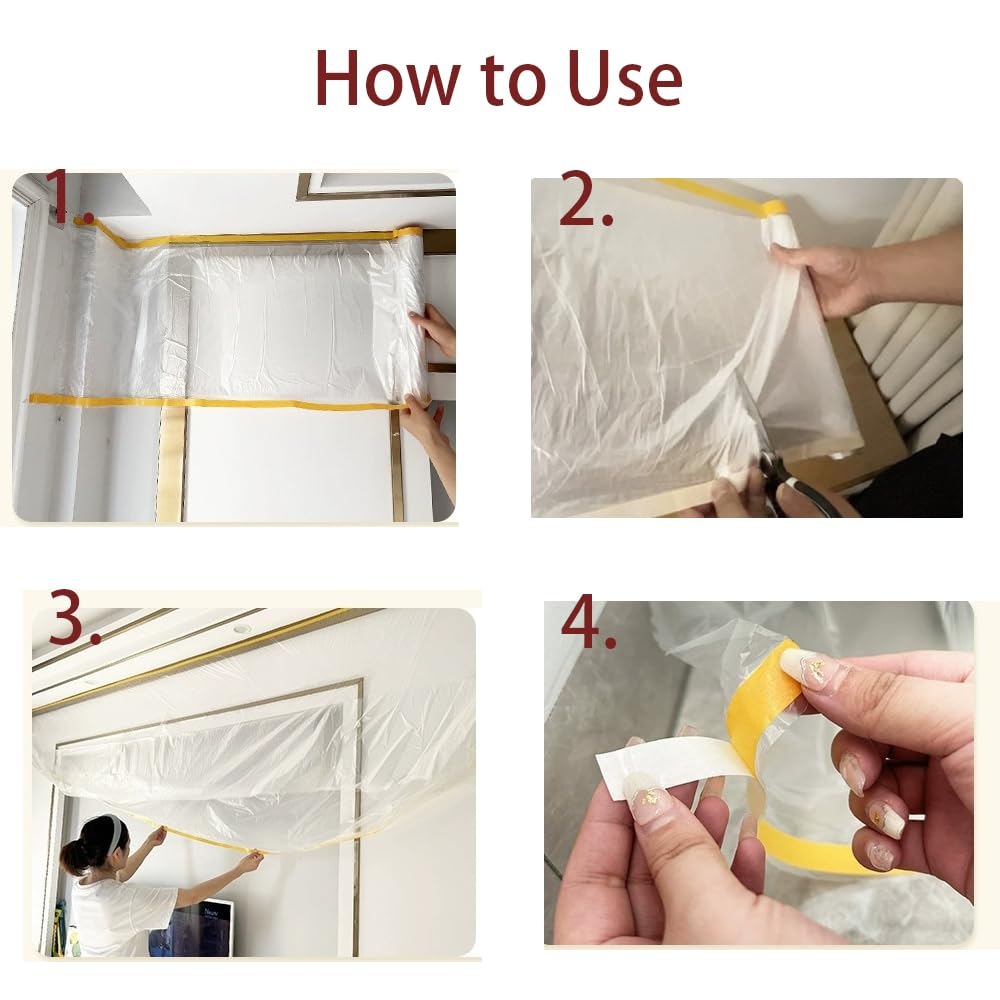 Double Pre-Taped Masking Film PE Drop Cloth Sheeting for Automotive Painting Furniture Living Room Dust-Proof Protect(320Cmx20M, 1Pc) image number 1