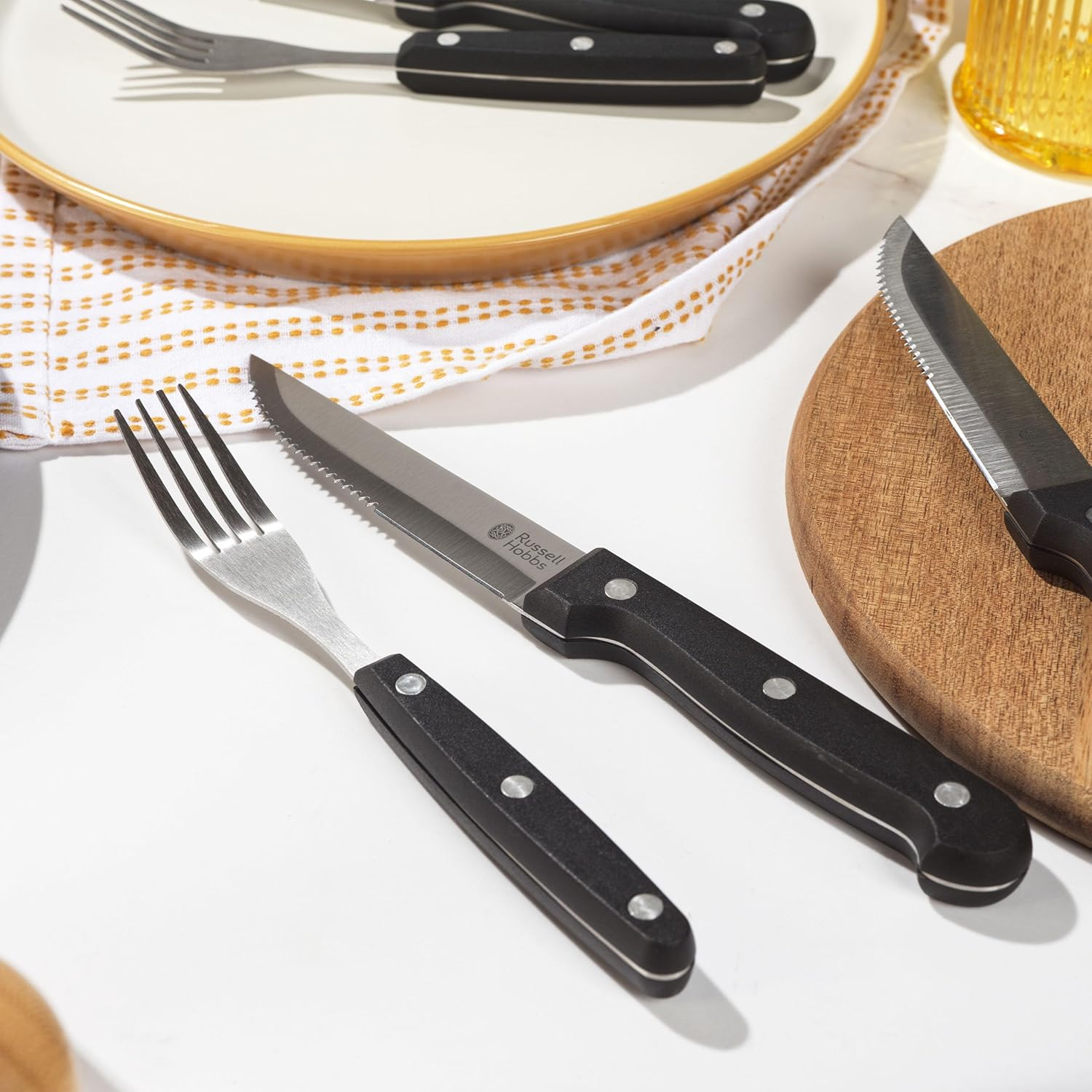 Russell Hobbs RH000431EU 12-Piece Steak Knife Set with Fork, Steak Cutlery Set for 6 People, Stainless Steel, 6 Traditional Steak Knives, 6 Steak Forks, Knife and Fork, Pizza Piece - Black image number 1