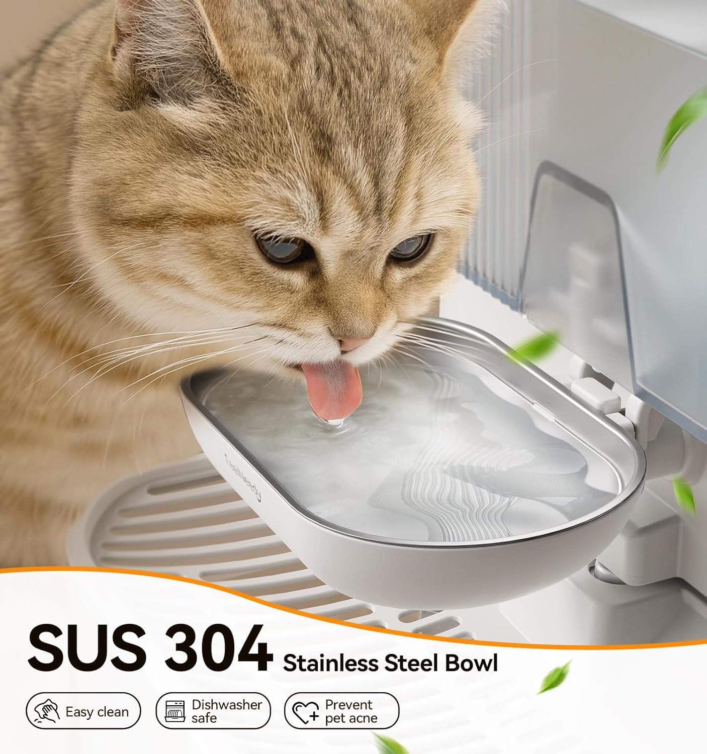 Wireless Cat Water Fountain No Filters, Wastewater Separation, FEELNEEDY Stainless Steel Bowl, 3.5L Pet Water Fountain for Cats & Dogs Dispenser, White image number 1