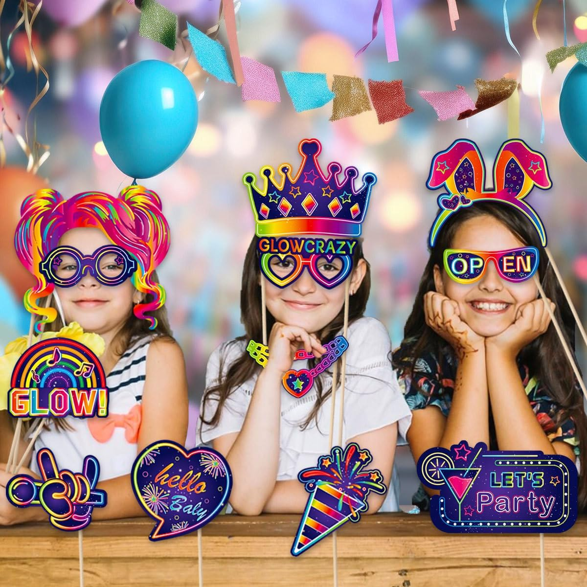 Buziba 30Pcs Glow Neon Photo Booth Props with Stick Neon Theme Selfie Props Party Decoration for Birthday Glow in the Dark Disco Black Light Party Supplies image number 1