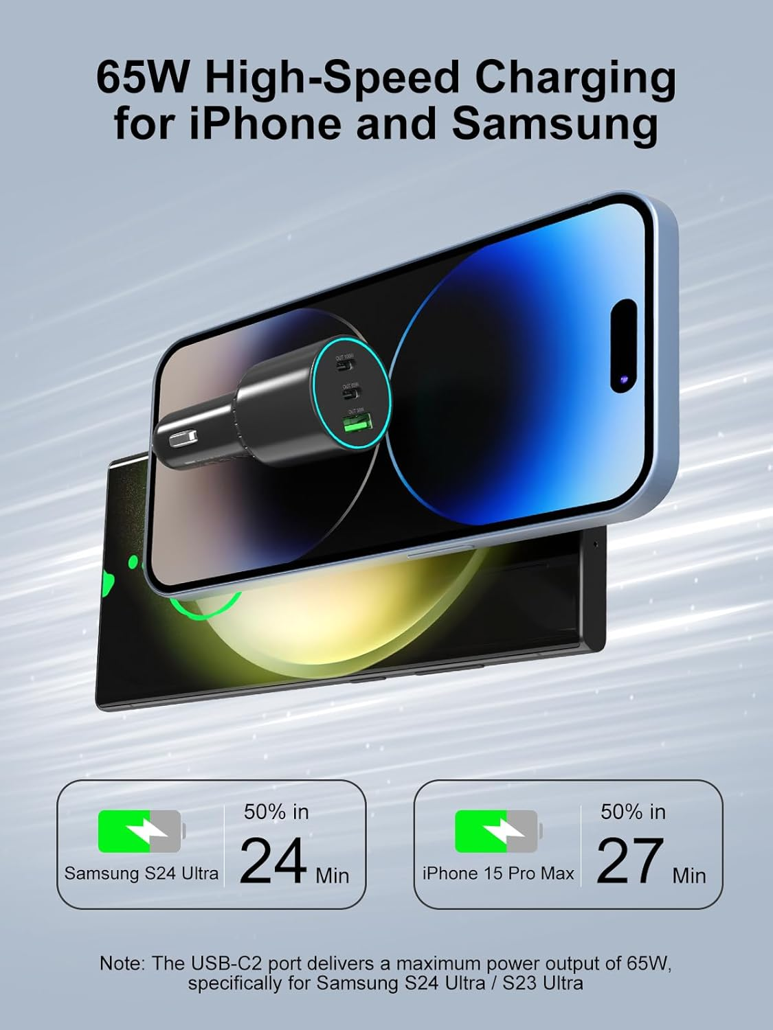 165W USB C Car Charger Fast Charging, 3 Ports Cigarette Lighter Adapter,Pd3.0 PPS 100W 65W,Compatible with Iphone 16 15 14 13, Galaxy S25 S24, Ipad, Macbook,With a 100W USB C Cable image number 4