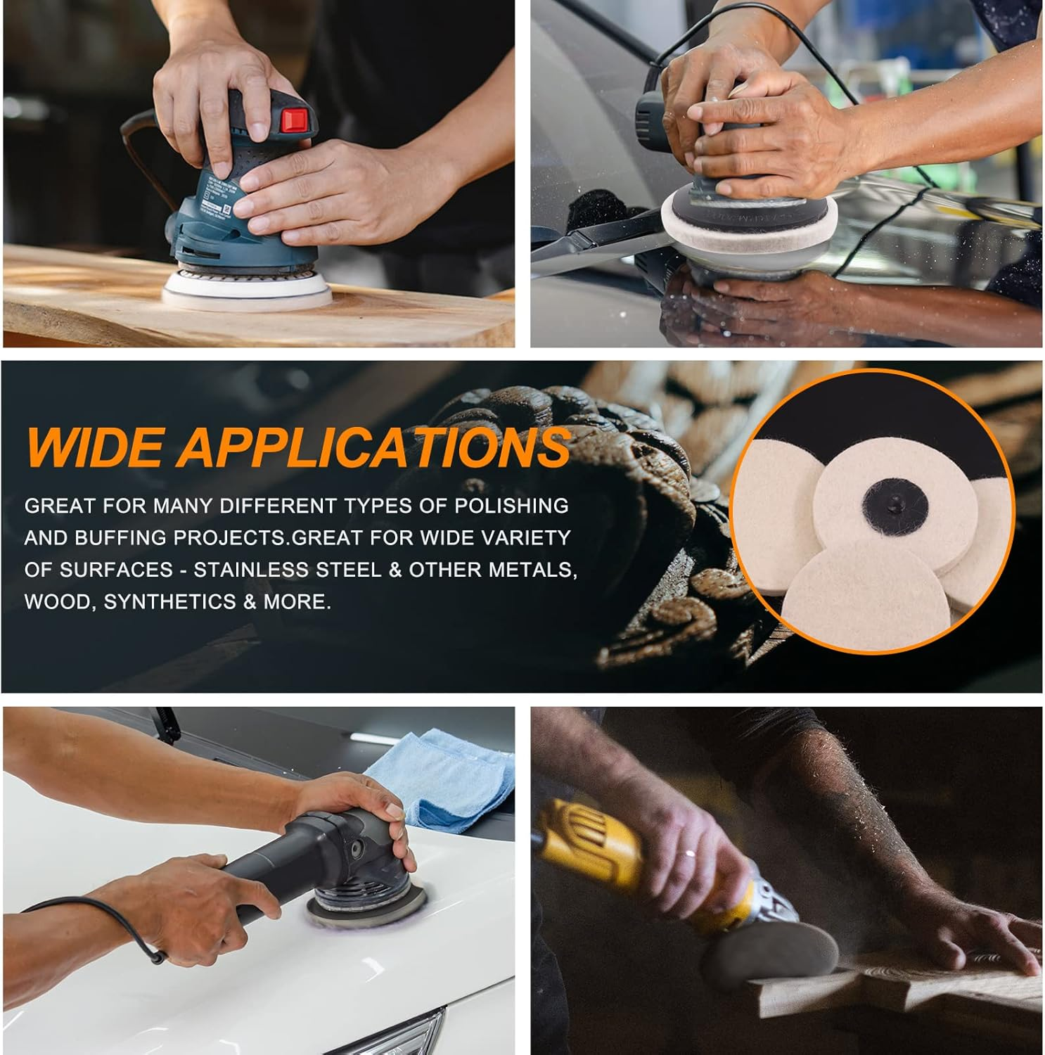 13Pcs 3" Compressed Wool Fabric Disc Felt Polishing Buffing Pads Wheels Compounds Kit with Black Emery, White Diamond for Polishing and Buffing