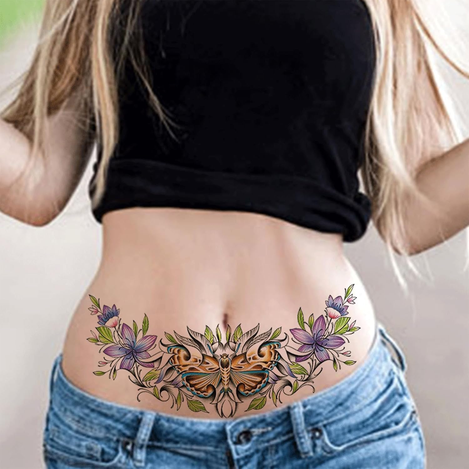 5 Sheets Chest Large Temporary Tattoo for Women, Abdomen Waist Back Fake Tattoos for Adults, Realistic Moth Flowers Tattoo Stickers, Body Scar Cover Belly Tattoos image number 6