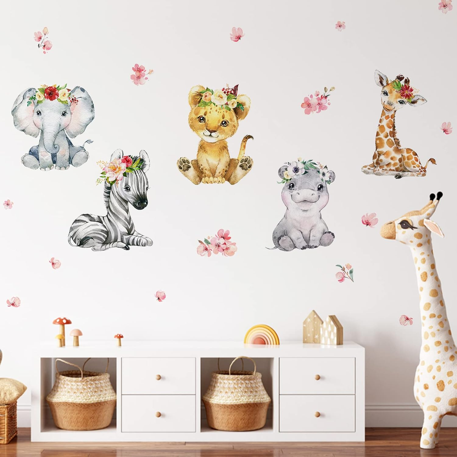 Mfault Girls Safari Jungle Baby Animals Wall Decals Stickers, African Elephant Zebra Giraffe Seahorse Lion Kids Room Nursery Decor, Watercolor Flower Decorations Toddler Bedroom Playroom Art Gift image number 5