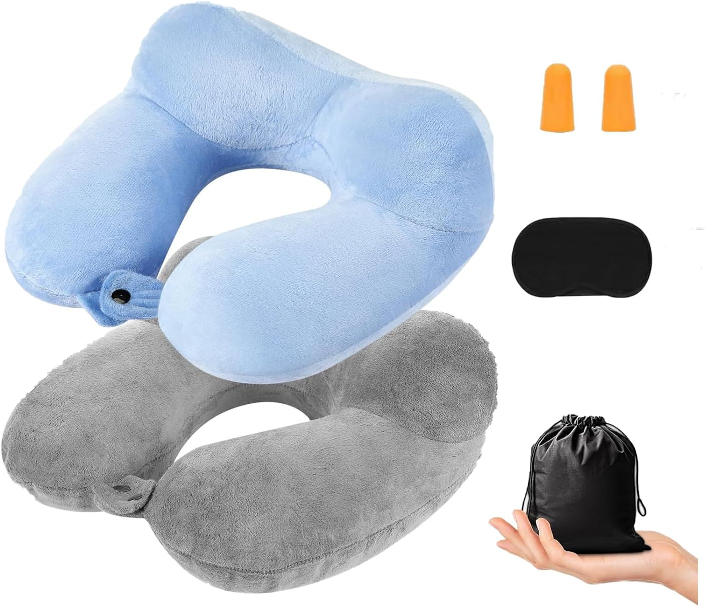 2 Pack Inflatable Travel Pillow for Airplanes Inflatable Neck Flight Pillows with Compact Bag and Blindfold for Traveling, Airplane, Train, Car, Office(Light Gray and Sky Blue) image number 2