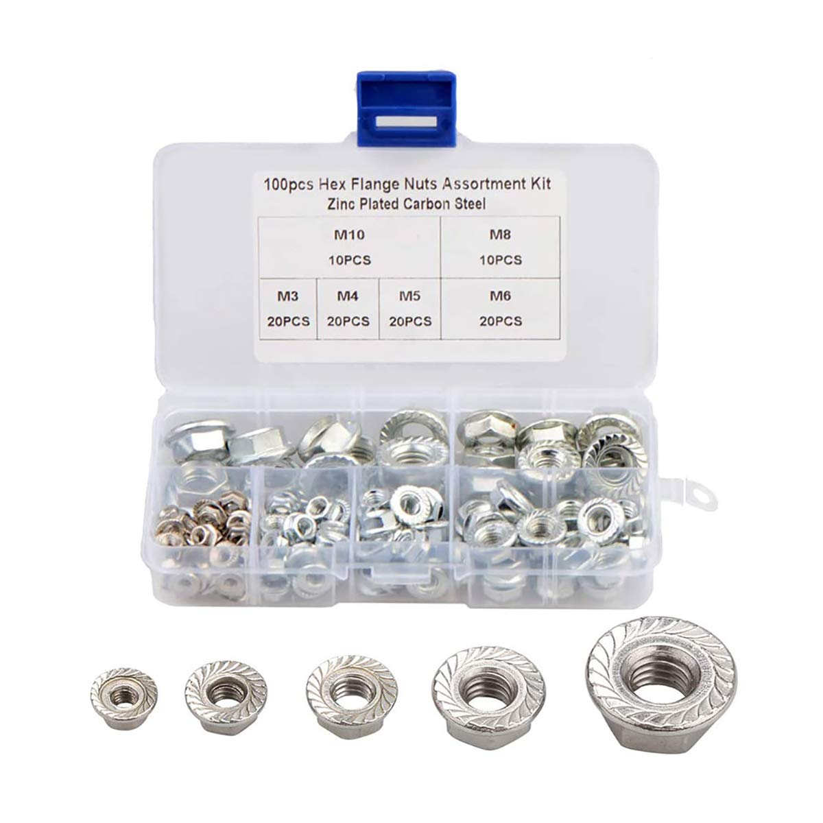M3-M10 100 PCS Hex Flange Nuts Sets, Hex Carbon Steel Zinc Serrated Threaded Nuts Kit Flange Locknuts Assortment Kits image number 5