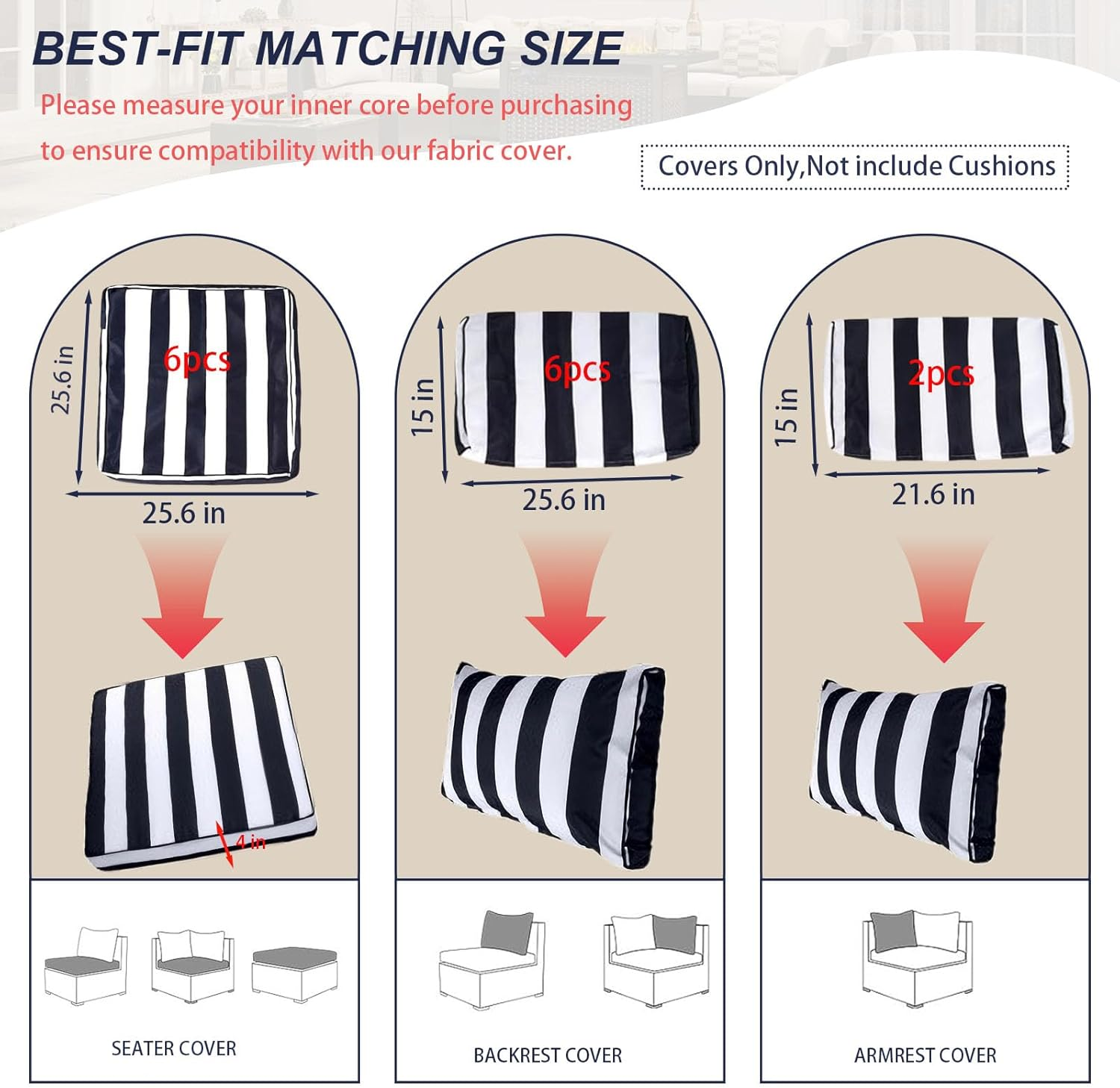 14 Piece Outdoor Patio Cushion Cover Replacement, Waterproof Outdoor Patio Cushion Covers, Outdoor Furniture Cushion Covers Set for 6 Seat Wicker Rattan Sofa (Balck+White Striped, 25.6*25.6*4 Inch)