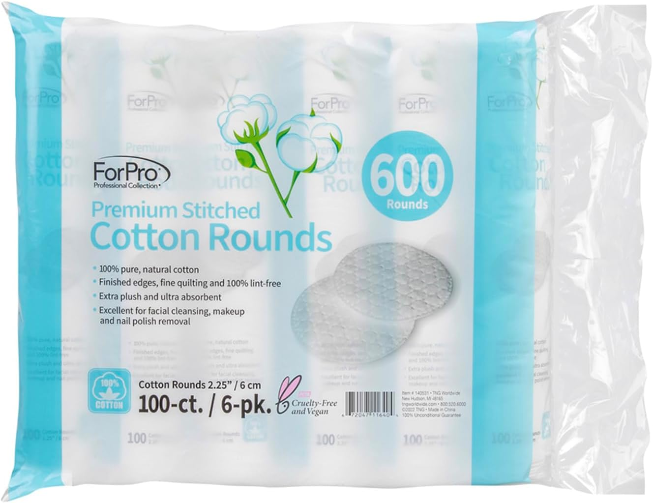 Forpro Premium Stitched Cotton Rounds (600-Count), 100% Pure Cotton Pads for Removing Makeup, Nail Polish and Cleansing Face, Pack of 6-100 Cotton Rounds image number 2