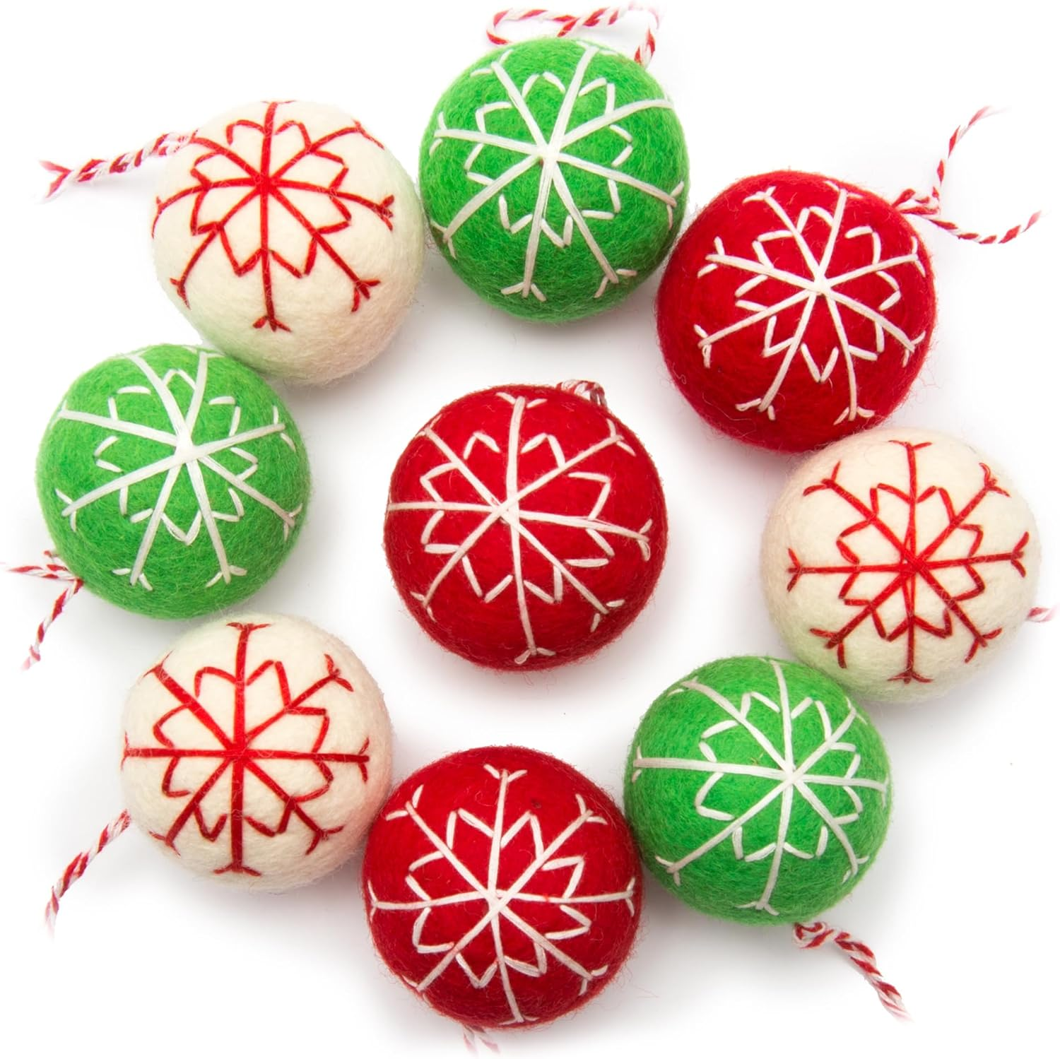 Glaciart One Felt Balls Christmas Ornaments (9 Pieces) 2 Inch (5 Cm), 100% New Zealand Wool, 3 Colors Hand-Felted in Nepal - Christmas Party Banner Decoration - Scandinavian Wool Snowflake