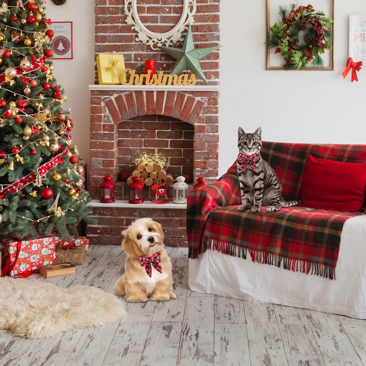 Christmas Dog Collar, Christmas Collar Dog, Cat Collar with Bow, Bow Tie for Dogs, Cute Checked Pattern, Dog Christmas Costume, Pet Collar for Kittens and Dogs (S) image number 1