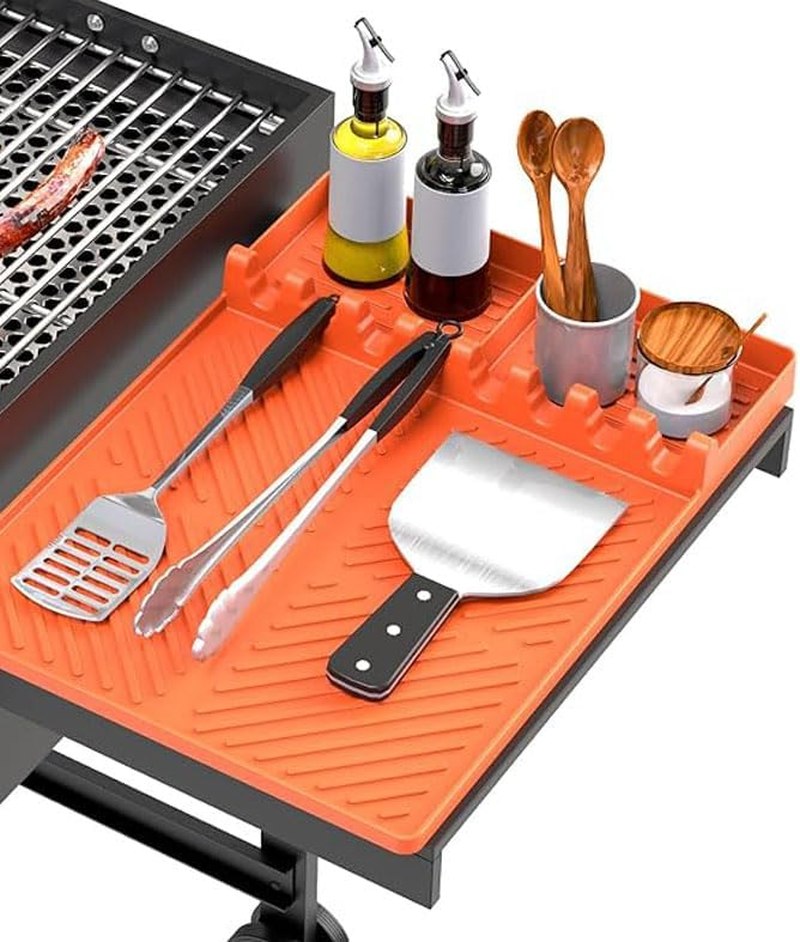 SOVYOULIVE 2PC Silicone Grill Mat Compatible for Blackstone, Silicone Griddle Tools Mat with Drip Pad, Spatula for Outdoor Grill Kitchen Cookiing Countertop (Orange, Gray) image number 2